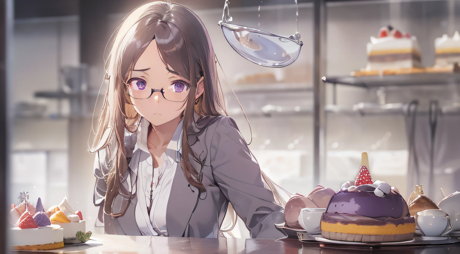 ​masterpiece、top-quality、(brown colored long hair:1.1)、25 year old woman with purple eyes、wears glasses、Wearing a gray suit、white  shirt、(flat breast:1.1)、(Sad look:1.3)、(bowing:1.5)、(Close-up of the subject's face:1.3)、The background is a cake shop、Bold composition、Upper body is shown、Alone、