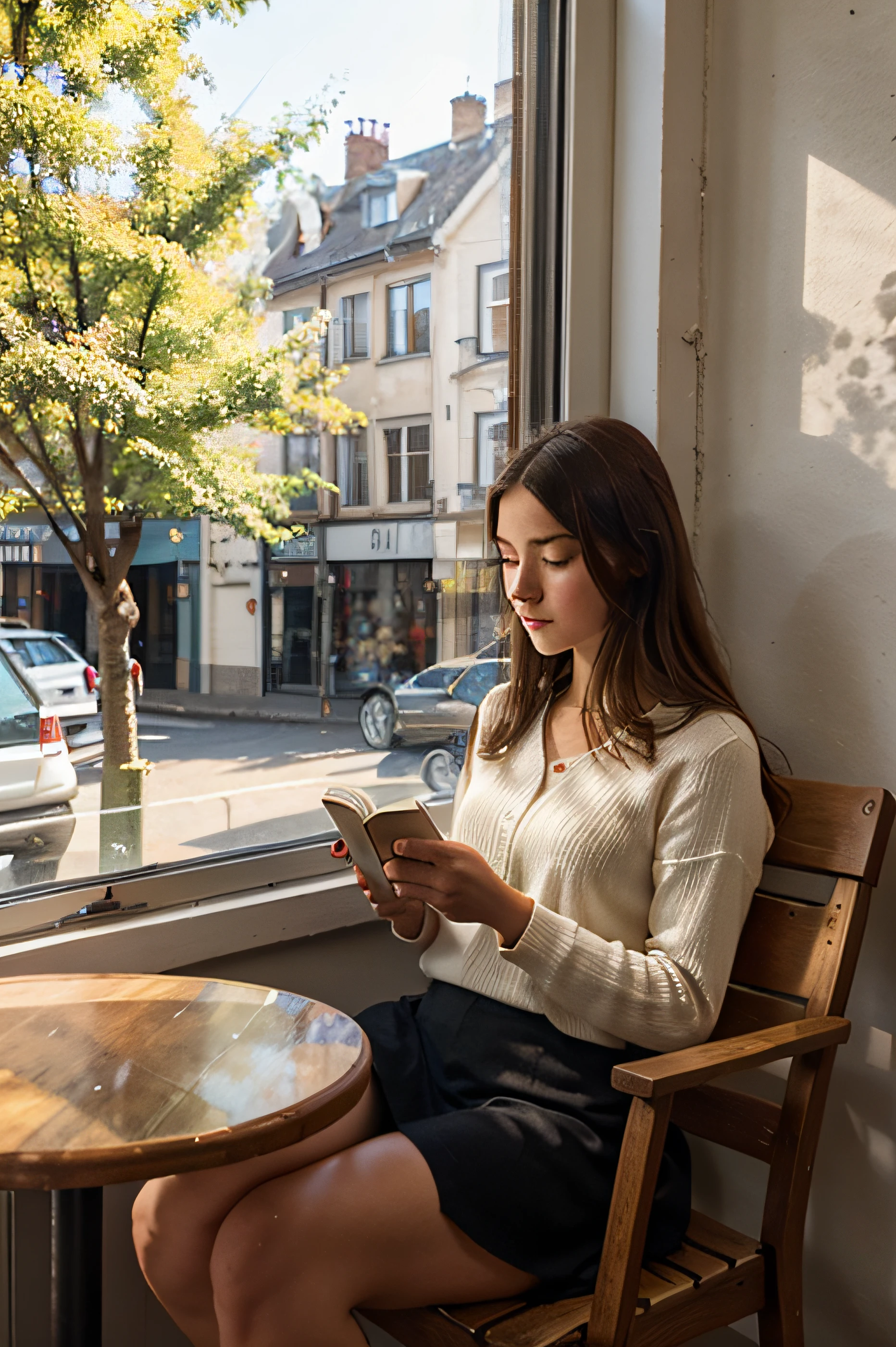 girl in a coffee shop reading a book, outside the window there is a beautiful tree, the weather is sunny and warm outside, the coffee shop is warmly lit.