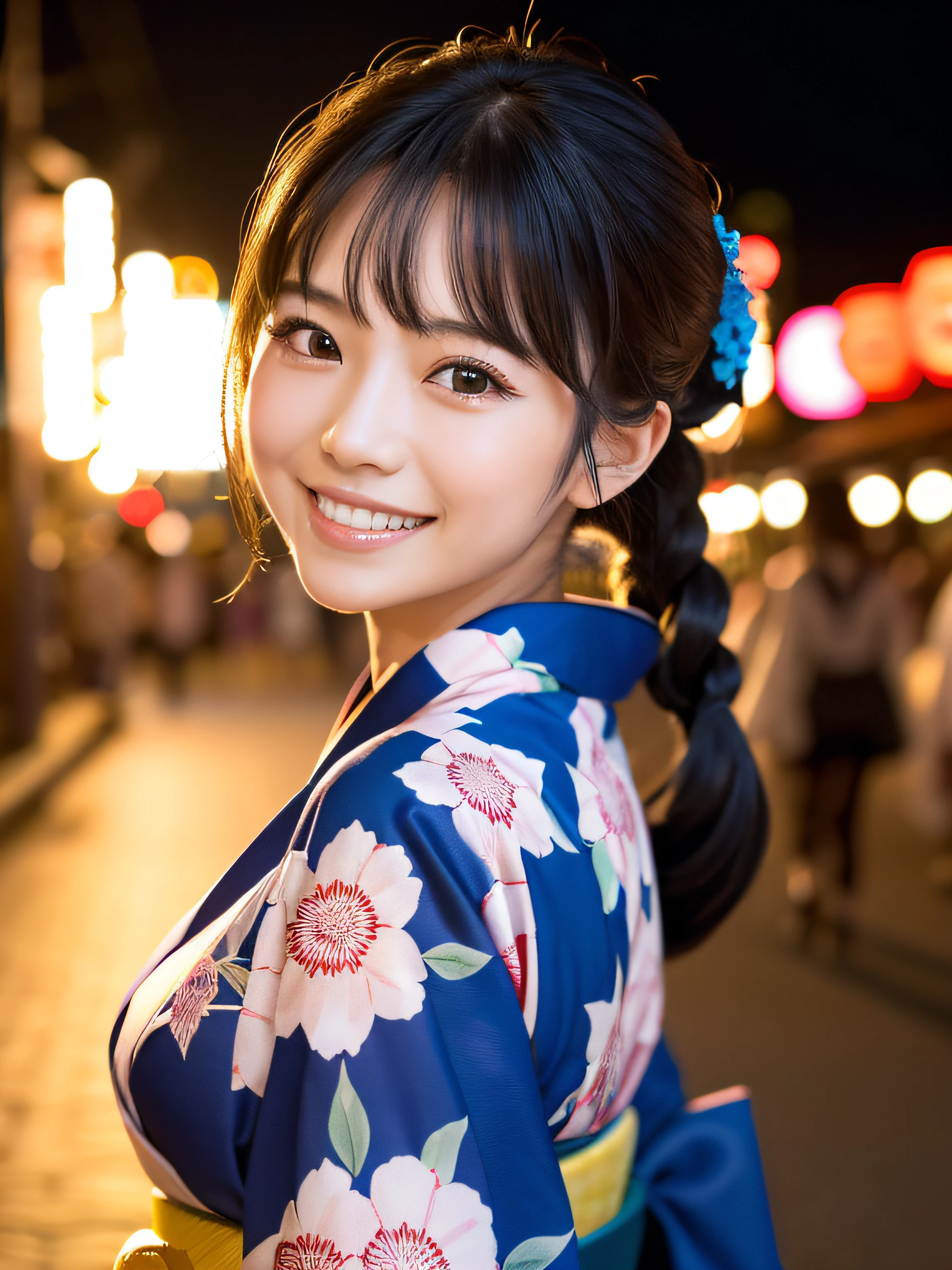 Looking at the camera, ((Big breasts that are about to burst :1)), (((highest quality, 8K, masterpiece))), Sharp focus, (Beautiful woman with perfect figure), (Hairstyle: light brown hair, good)), ((Wear Yukata: blue)), street: 1.2 Highly detailed face and skin texture Detailed eyes Double eyelid Random pose, (smile),ssuperiorer cute Japan person,ssuperiorer beauty Japanese girl, Realistic Face, double eyelid,smile, Beautiful Teeth, a grill in yukata,fluid,light particles, fantastic fireworks background, dreamy,shimmering,dreamy glow, all kinds of firework,Glowing Neon,Temple fairs,summer festivals,various street vendors,seaside,starry sky,sunset glow,