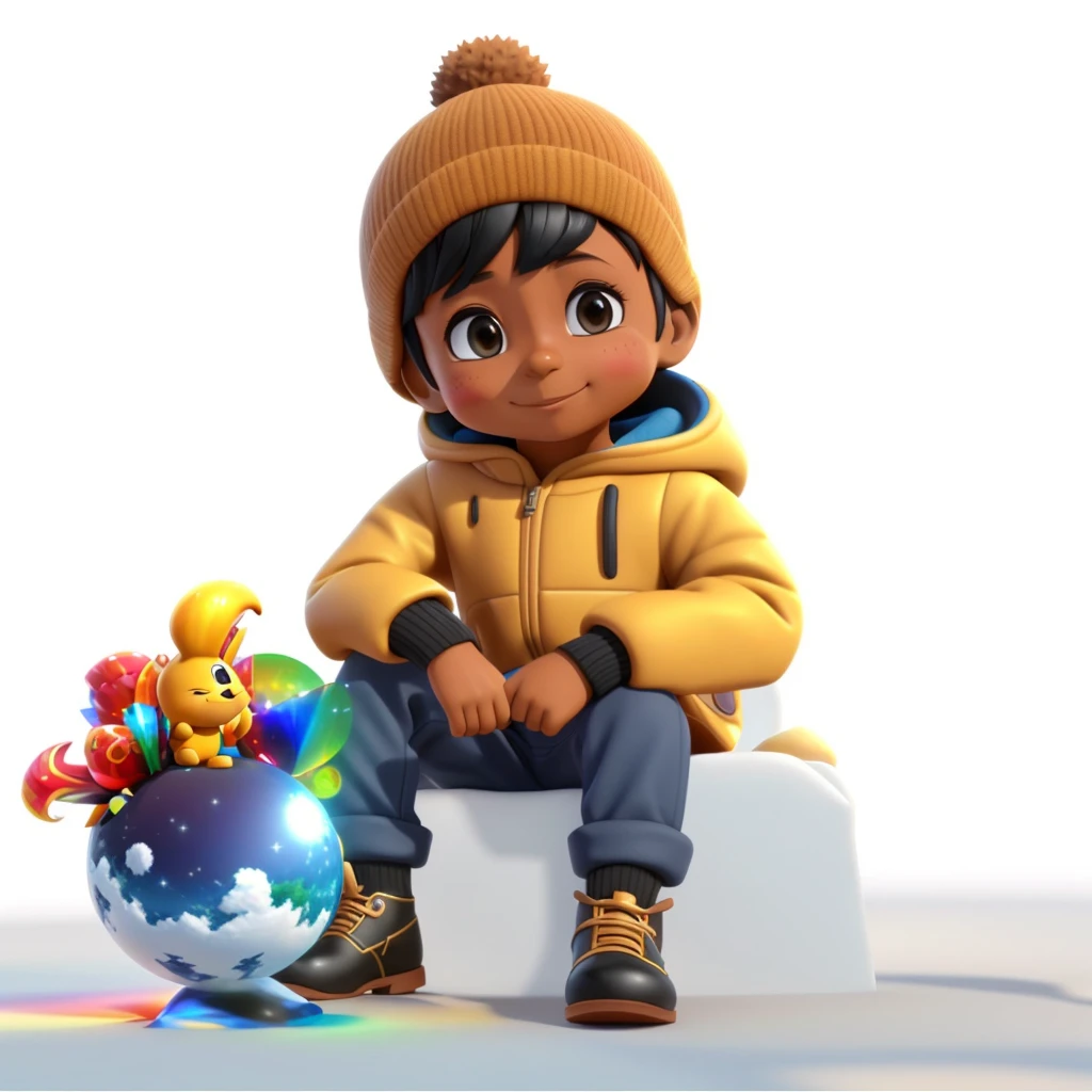 um (( 4 anos de idade)), ((pele morena clara)), vestindo um traje de inverno, intrincado, elegante, foco claro, sentado em um banco coberto de neve, promotional render, animation character, official illustration, Personagem 3D, Personagem 3D, Foto do perfil, Arte Oficial, 3 d animated movie, Arte Oficial, award winning animation, animated film, official rendering, Arte Promocional, Personagens 3D, arte conceitual do meninoiro, 3D estilizado