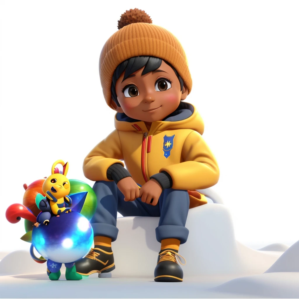 um ((menino 4 anos de idade)), ((pele morena clara)), vestindo um traje de inverno, intrincado, elegante, foco claro,  sentado em um banco coberto de neve, promotional render, animation character, official illustration, Personagem 3D, Personagem 3D, Foto do perfil, Arte Oficial, 3 d animated movie, Arte Oficial, award winning animation, animated film, official rendering, Arte Promocional, Personagens 3D, arte conceitual do menino solteiro, 3D estilizado