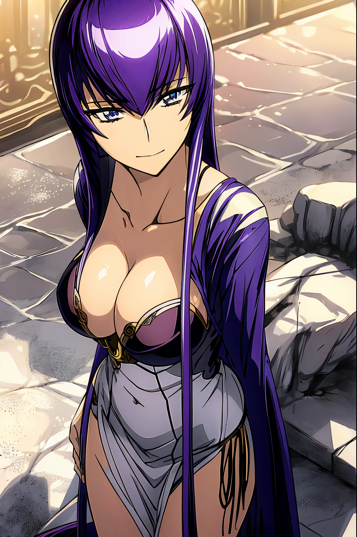 Saeko Busujima con un traje dorado con cuernos y un vestido azul., portrait knights of zodiac girl, knights of zodiac girl, Diosa del anime, ((a beautiful empress of fantasy)), Deidad de pelo blanco, Seductora princesa elfa caballero, Diosa de las galaxias, La diosa Artemisa sonriendo