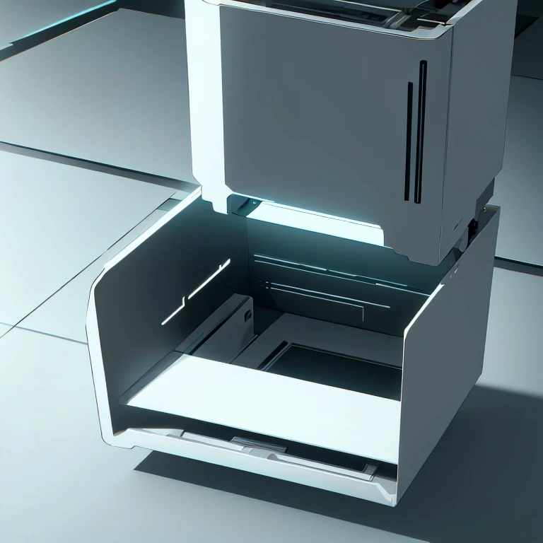 industrial design，A rectangular cabinet，Black and white color scheme，Modern minimalist style，future-tech，sense of science and technology，The appearance is layered，Realistic light and shadow rendering，3D rendering