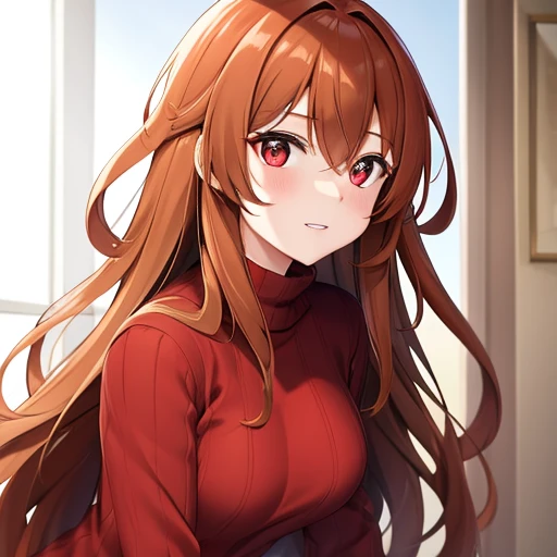 A woman with long light brown hair, red eyes and brown sweater