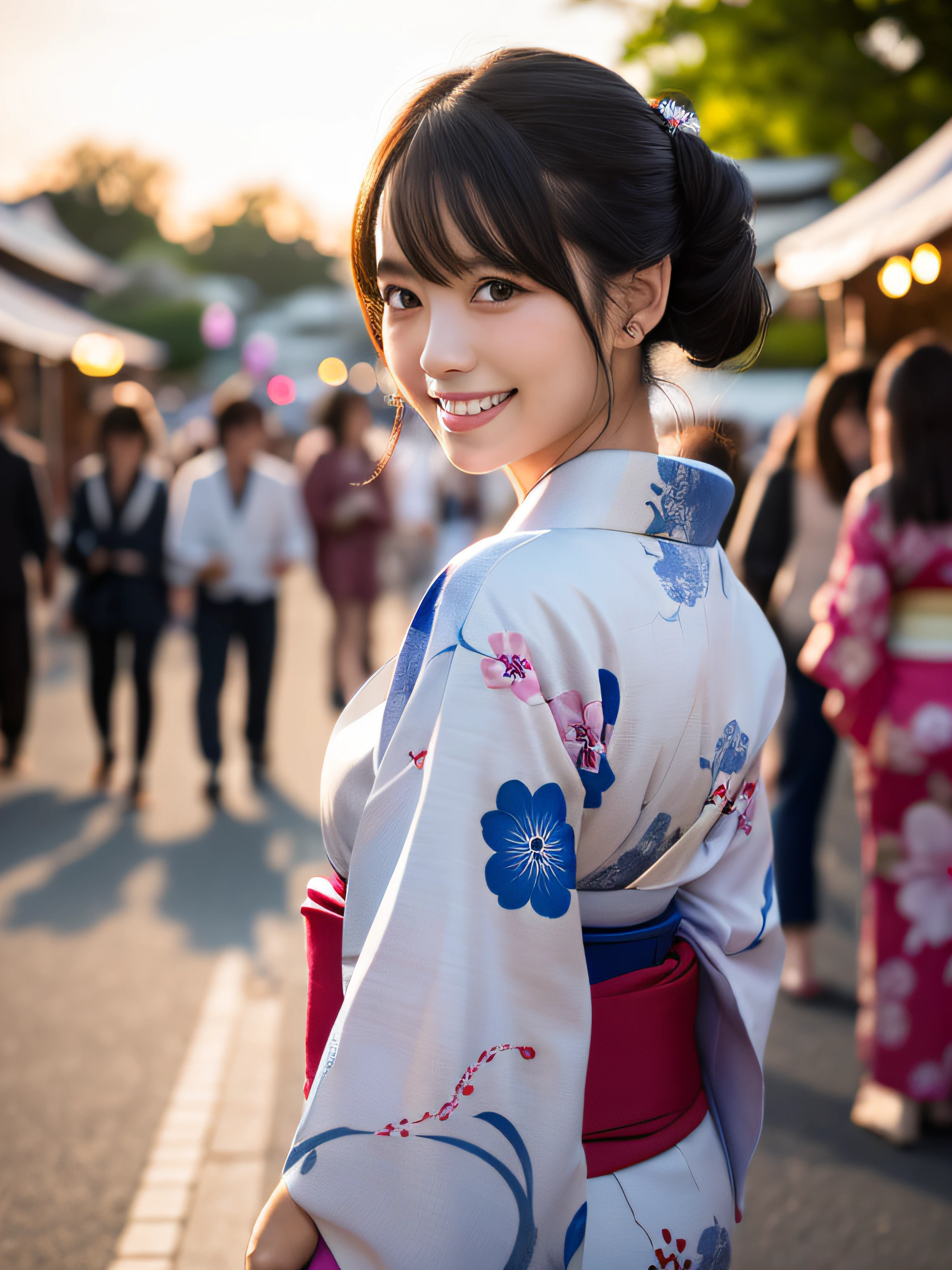 looking in camera,(((of the highest quality, 8K, masutepiece))), Crisp focus, (Beautiful woman with perfect figure), slender, (Hairstyle: ass hole up)), ((Kimono: CALA)), Street: 1.2 Highly detailed face and skin texture Detailed eyes Double eyelids Random posture, (Smile),Super cute Japan person,Super Beautiful Japan Girl, Realistic face, 二重まぶた,Smile,Summer festival , At sunset , Beautiful teeth , firework background.