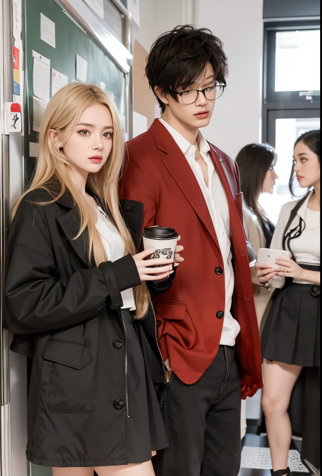 Adapt the characters of these 2 people into real life, 1 girl and 1 realistic boy, the female character has realistic long blonde hair, the same realistic hairstyle, realistic beautiful face, realistic black jacket, realistic white shirt, realistic short black skirt, holding a realistic drink, realistic black haired male character, realistic same hairstyle,, wearing realistic glasses realistic handsome face, realistic cool expression, realistic red coat, realistic white shirt, realistic black pants, realistic holding a book, realistic light, realistic shadows,Realistic background, best image quality, 4k,, realistic, hyper realistic, in a realistic school environment