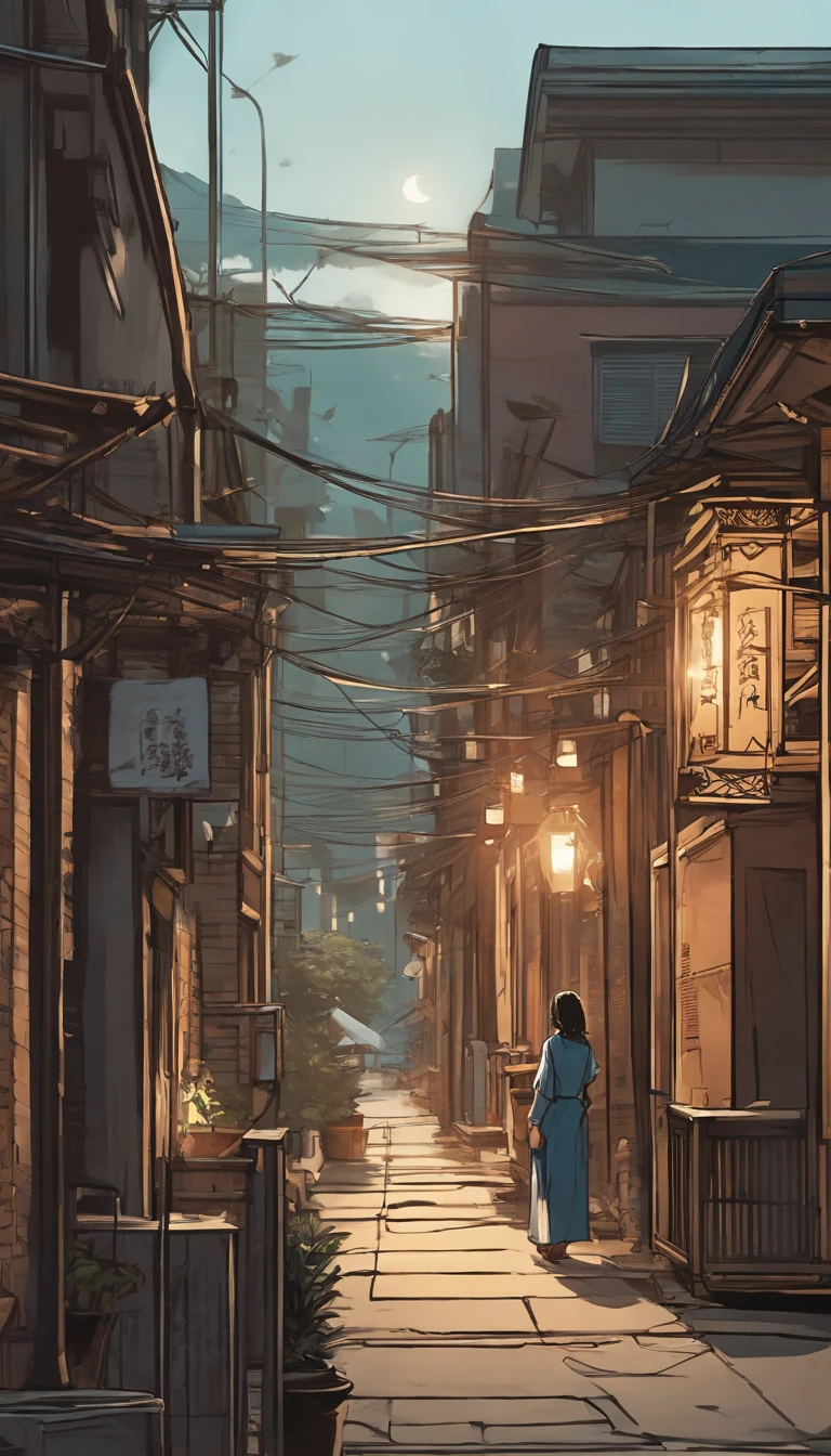comic strip,Hong Kong comic book style,Fengyun comic style,(((Comic storyboard))),Two-dimensional picture,Makoto Shinkai's style,Makoto Shinkai manga art, girl,The narrow streets of the town,starrysky,Vibrant colors,ultradetailed,line sleek,high high quality,8K,tmasterpiece, The little ram stands in the middle
