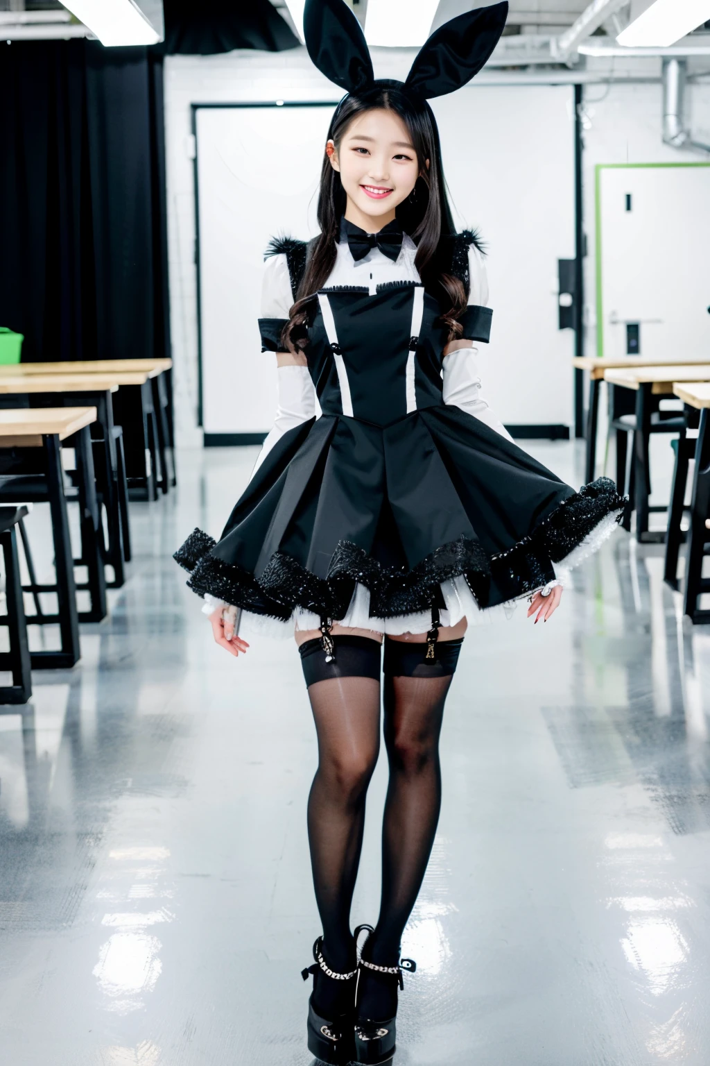 the kpop idol wonyoung wearing a black bunny girk costume sexy in a white backroom