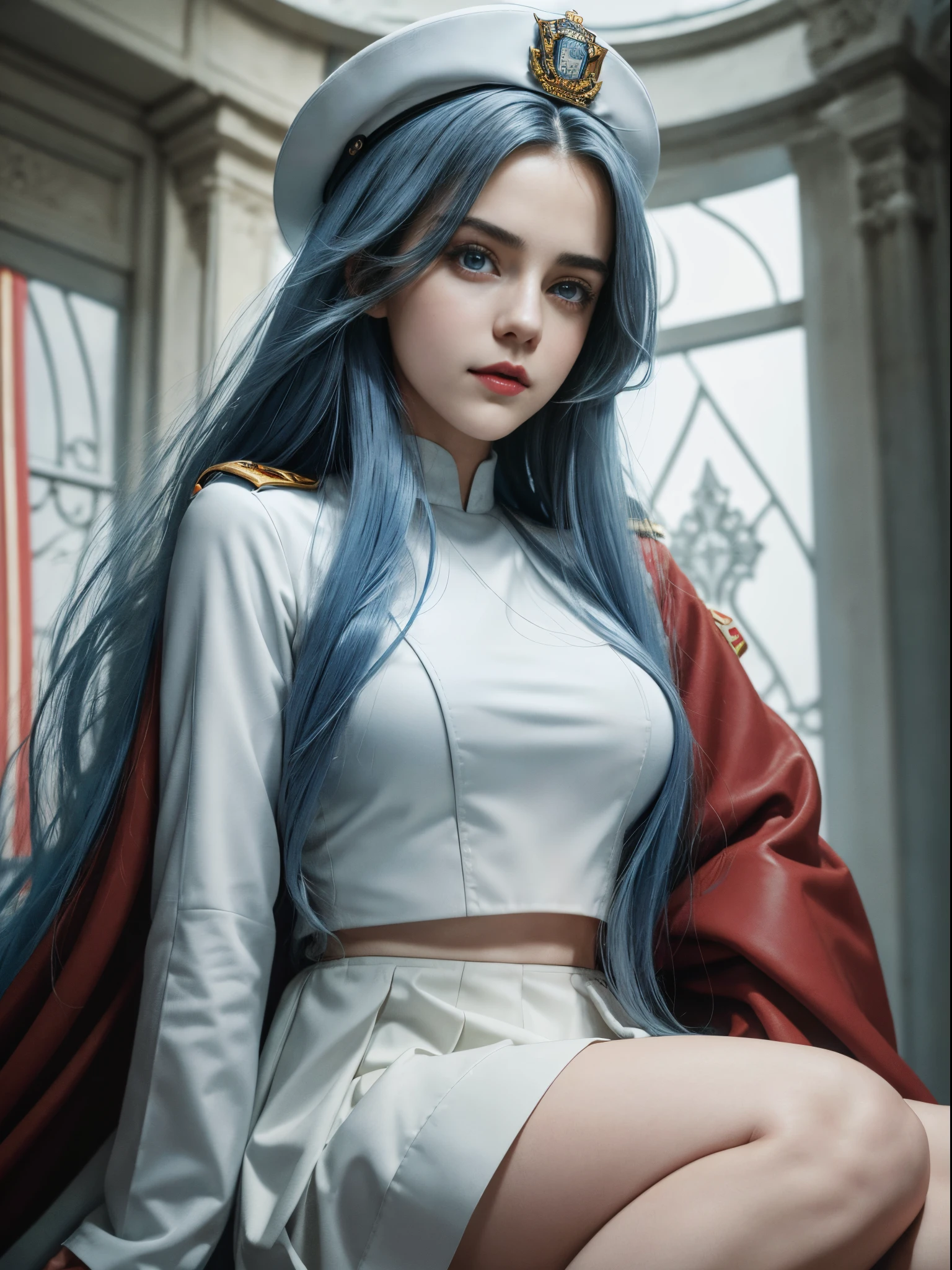 "Top CG, highest quality, smile, delicate and delicate beautiful girl (((Selena Gomez:Emma Watson:0.8)) imperial pope, {{185cm big beauty}}, (tall), royal sister, military lady temperament, holy pope, fair skin, exposed chest, long legs, perfect facial features, bright eyes, officer hat, red lips, beautiful and cold, {{big breasts}}, beautiful and handsome, long blue hair, officer epaulettes, see-through visible skin, {{girl in red army coat}}, super detailed, { Blue lines on clothes}, delicate glowing eyes, crop top, white and red leather clothing, tight leather clothing, 4K picture quality, urban beauty, modern urban, realistic portrait ((huge smiling:0.4))