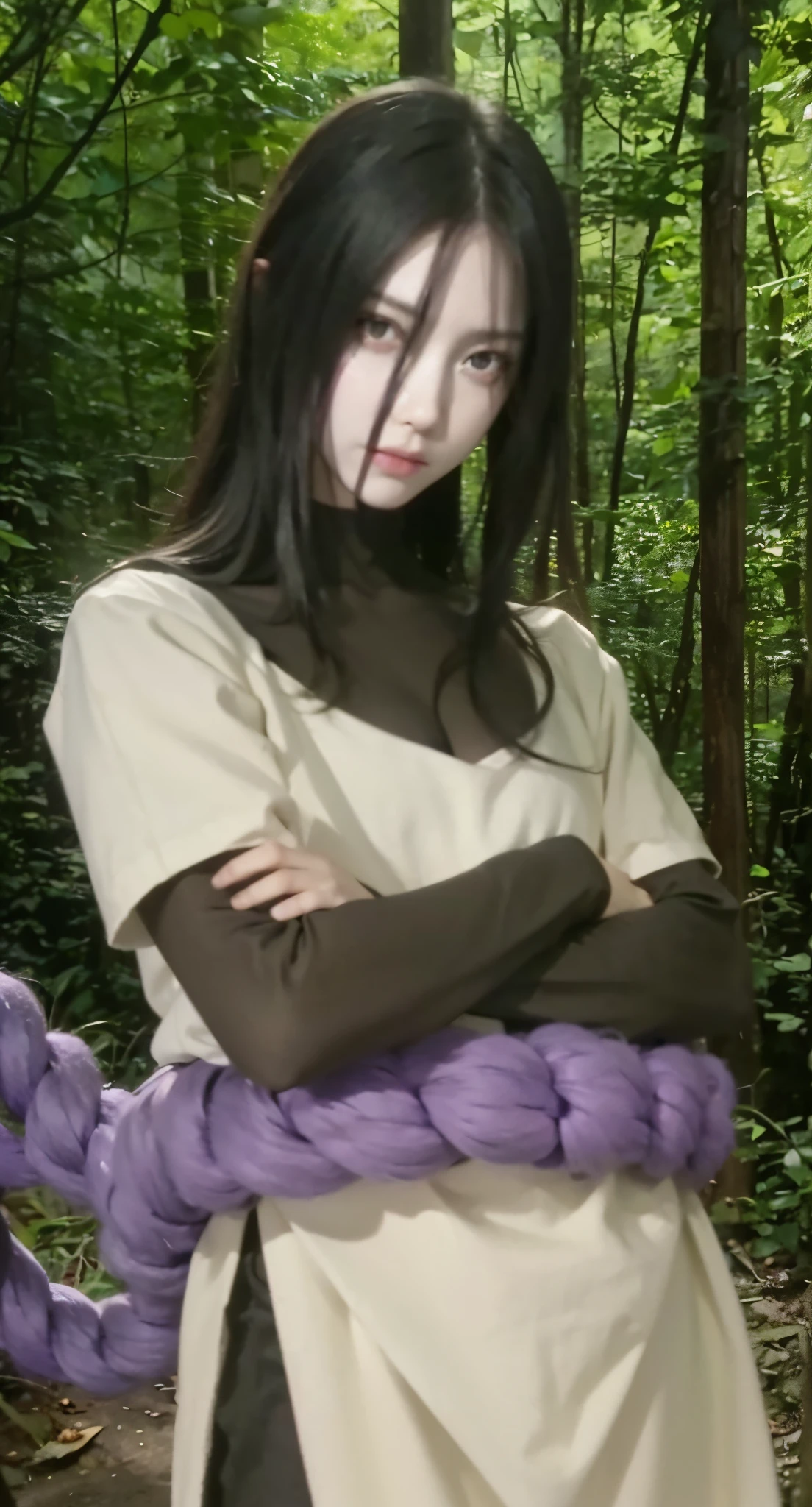 Real life adaption of this character ,The scary ghost face, realistic same hair , (realistic same outfit), realistic background , realistic light, realistic shadow, realism, hyper realistic,(photorealistic:1.2), normal small eyes, white pale skintone,there is big rope purple color on his waist