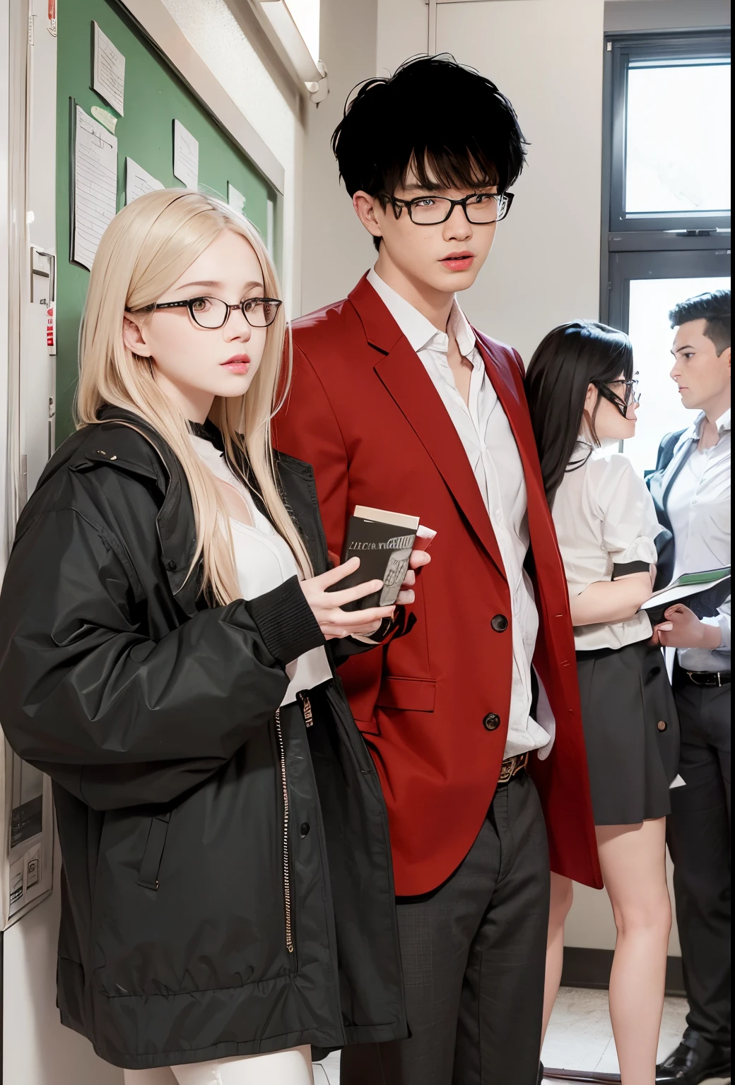 Adapt the characters of these 2 people into real life, 1 girl and 1 realistic boy, the female character has realistic long blonde hair, the same realistic hairstyle, realistic beautiful face, realistic black jacket, realistic white shirt, realistic short black skirt, holding a realistic drink, realistic black haired male character, realistic same hairstyle,, wearing realistic glasses realistic handsome face, realistic cool expression, realistic red coat, realistic white shirt, realistic black pants, realistic holding a book, realistic light, realistic shadows,Realistic background, best image quality, 4k,, realistic, hyper realistic, in a realistic school environment