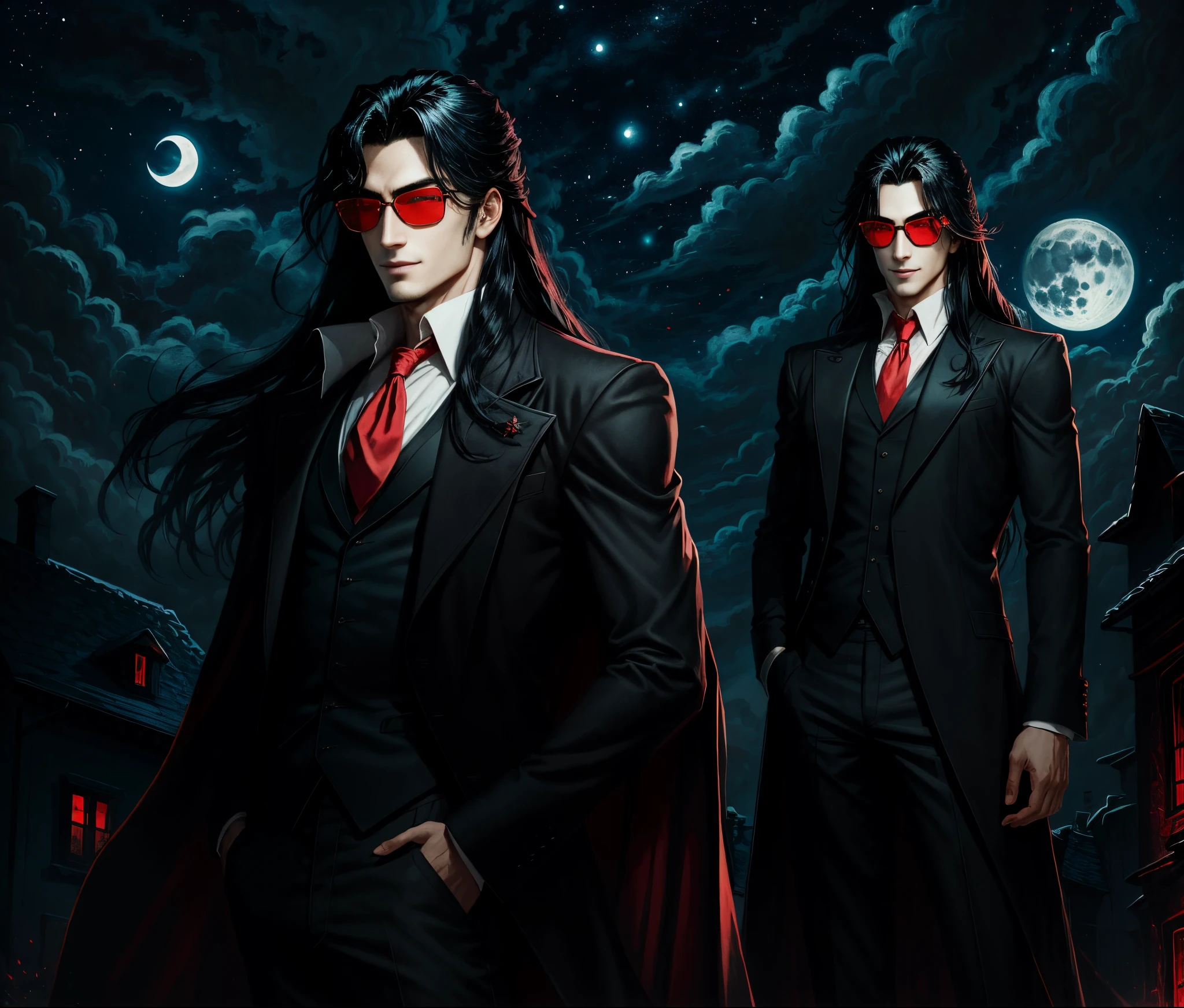 Portrait 6×6, lookalike to alucard from van hellsing ultimate, mid long black hair, masterpiece, best quality, 1boy, looking at viewer, standing, outdoors, moon behind, night, evil smile, red glasses, red and black suit, red eyes shadowing in the background