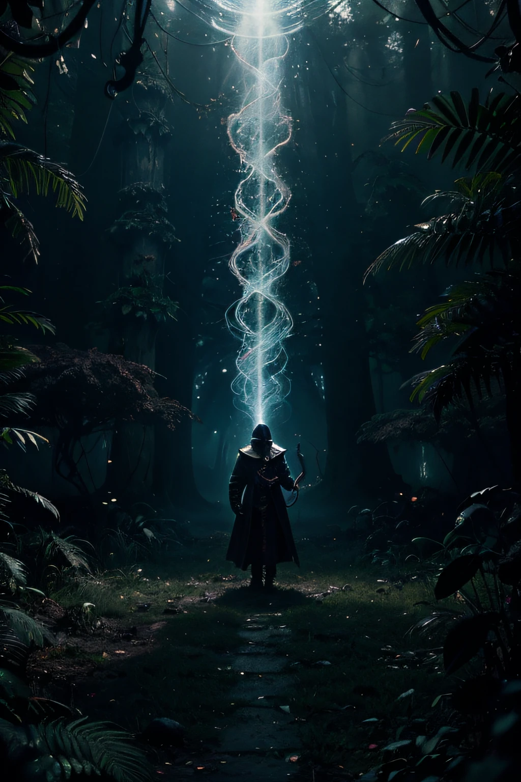 Envision an alien jungle world inspired by the cosmic horror of H.P. Lovecraft, where dark magic collides with the mysteries of an ancient civilization. Picture a dynamic scene: a dark magician, shrouded in ethereal shadows, performing arcane rituals amidst the pulsating, bioluminescent flora of the surreal landscape. Use a dynamic camera angle, as if capturing the moment from a sweeping overhead view, to emphasize the grandeur and mystique of the ritual.
Surround the magician with remnants of mysterious ancient structures, their details obscured by the shifting shadows and vibrant lights. Illuminate the scene with glowing magical elements, such as swirling arcane symbols and vivid lights emanating from the heart of the jungle. Infuse the image with the uncanny, drawing inspiration from Lovecraftian cosmic horror.
Craft this dynamic scene in a photo-realistic style, as if taken by an expensive camera. Emphasize intricate details and textures while employing post-production techniques for a cinematic touch. Experiment with dynamic lighting and perspective to enhance the visual impact, creating an image that not only captivates with its otherworldly elements but also conveys a sense of movement and energy.