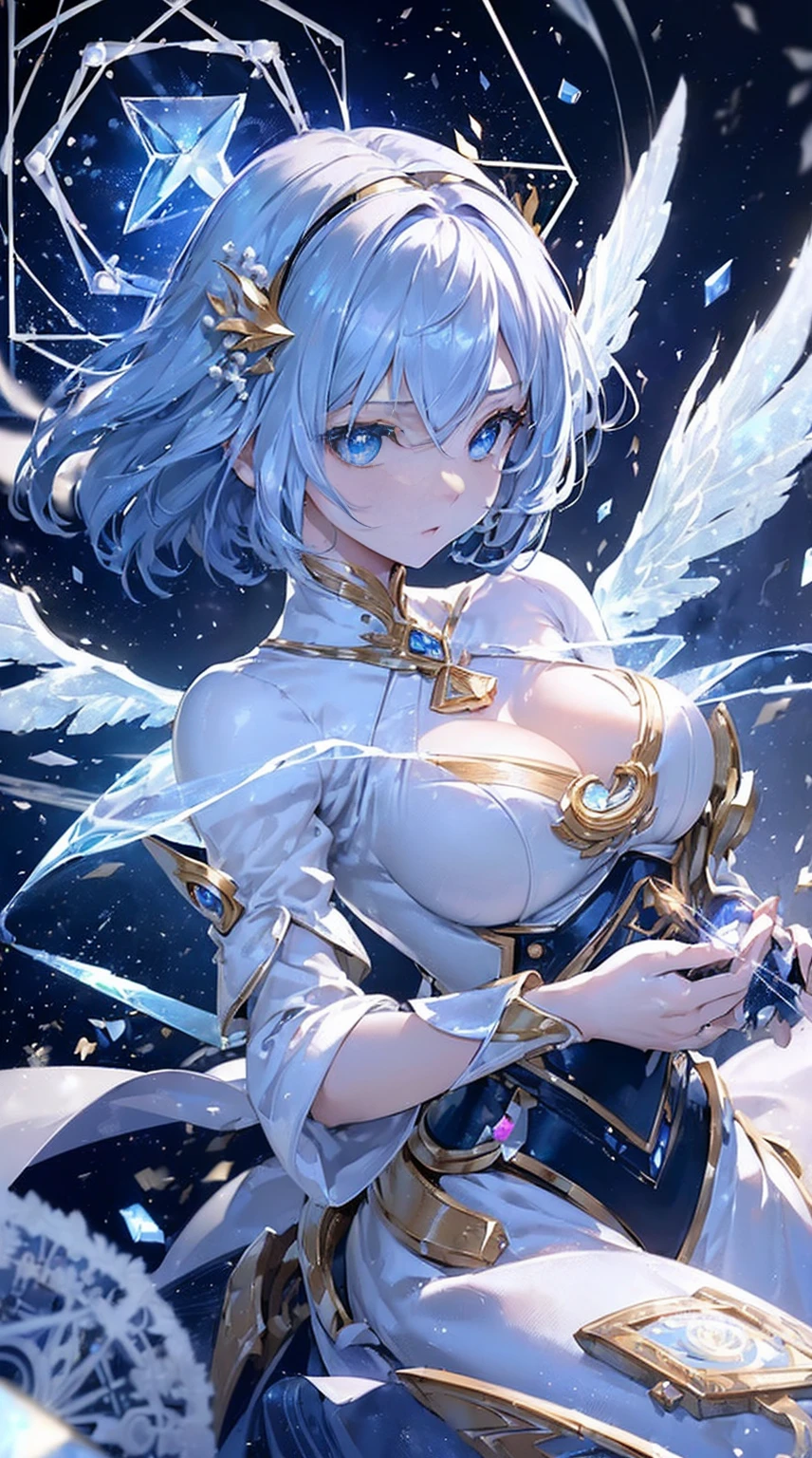 (((masterpiece))), (((highest quality))), ((ultra-detailed)), ((super fine illustration)), ((ultra-fine painting)), (upper body:1.2), Highly detailed and delicate illustration style, detailed skin texture, detailed metal texture, detailed cloth texture, extreme detailed description, (T-masterpiece), (highly detailed face), original, raw photo, professional, Intricate details, super details, intricate ornament details, perfect anatomy, (sexy), (sexy), real, ((Solo)), ((A very beautiful and intelligent mechanized angel girl who is the head court mage)) BRAKE Beautifully shaped small breasts, Beautifully shaped small buttocks, (Beautiful, shiny silver hair that shines and is very detailed and delicate:1.2), (Beautiful, clear, shining blue eyes that are extremely detailed and delicate:1.4), ((looking at me)), (beautiful hands and fingertips) BRAKE ((sophisticated mechanism:1.4))Smooth and menacing design, (Highly detailed and delicate large pearl white Sleek symmetrical mechanical wings:1.4), ((A highly detailed and sophisticated mechanical wand in sapphire blue exclusively for the head court mage:1.3)), ((A highly detailed and delicate ice and thunder magic divine mechanical armor dress that shines in sapphire blue and pearl white exclusively for the head court mage:1.3)), BRAKE concept-art, Detailed science magic fantasy art, (Battle Pose), ((Highly detailed and cool Attack Magic Casting Pose)), (Always draw a very detailed and delicate magic circle with a wand) BRAKE (Highly detailed and delicate starry sky), (Highly detailed and delicate Crystal of snow and lightning background), other world, No robot, (8K highest quality wallpaper), Highly detailed and delicate background BRAKE (NSFW) BREAK (cute background, Geometric patterns, vivid color background:1.5), (colorful confetti:1.15) BREAK