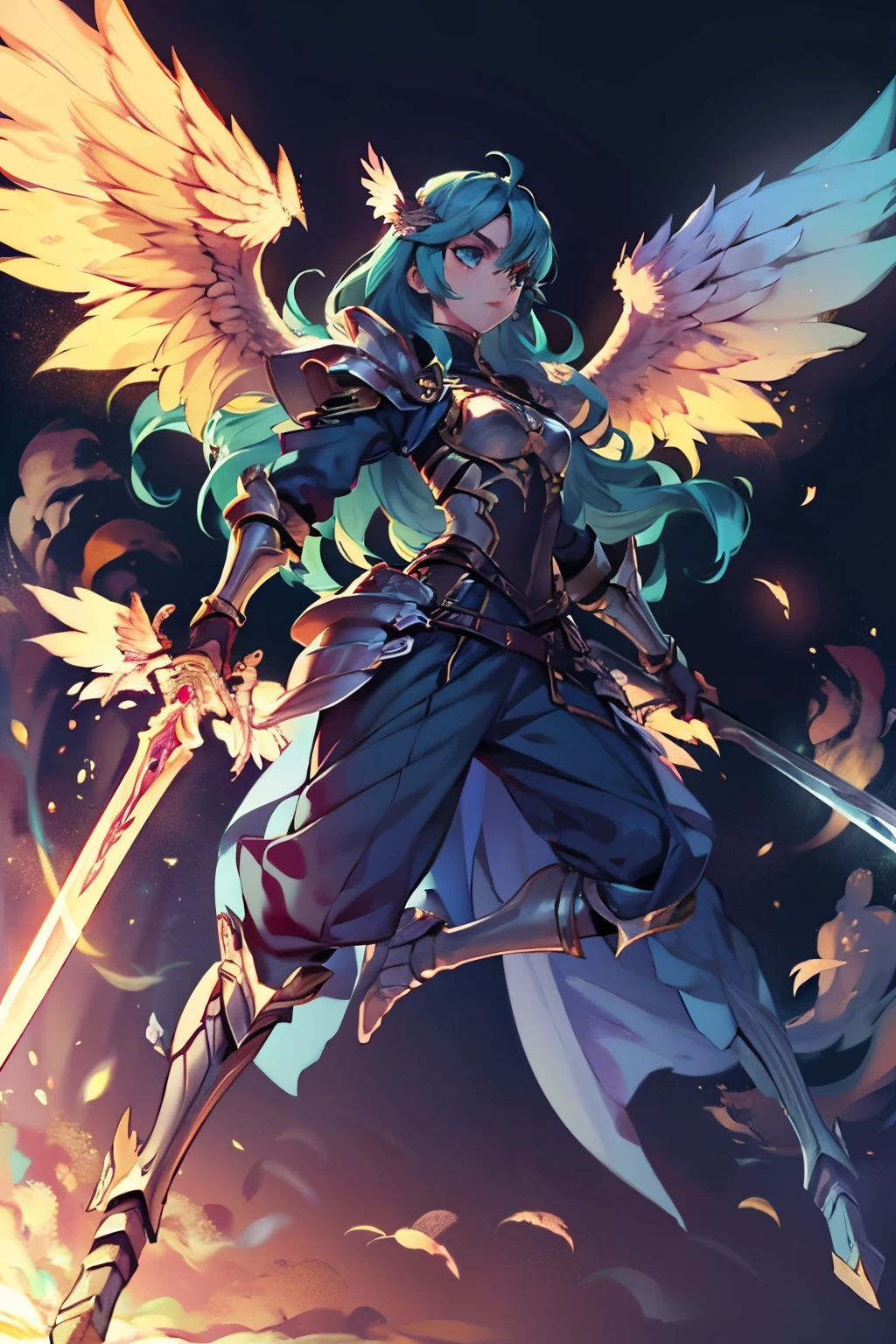 1 boy, Valkyrie, warrior, wielding a sword, wings, fire magic, wearing armor, flat chest, (androgynous 1.5), wielding a shield, blue hair, green eyes, brown wings, long hair, pants