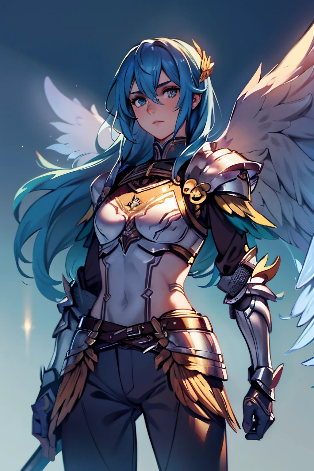 1 boy, Valkyrie, warrior, wielding a sword, wings, fire magic, wearing armor, flat chest, (androgynous 1.5), wielding a shield, blue hair, green eyes, brown wings, long hair, pants