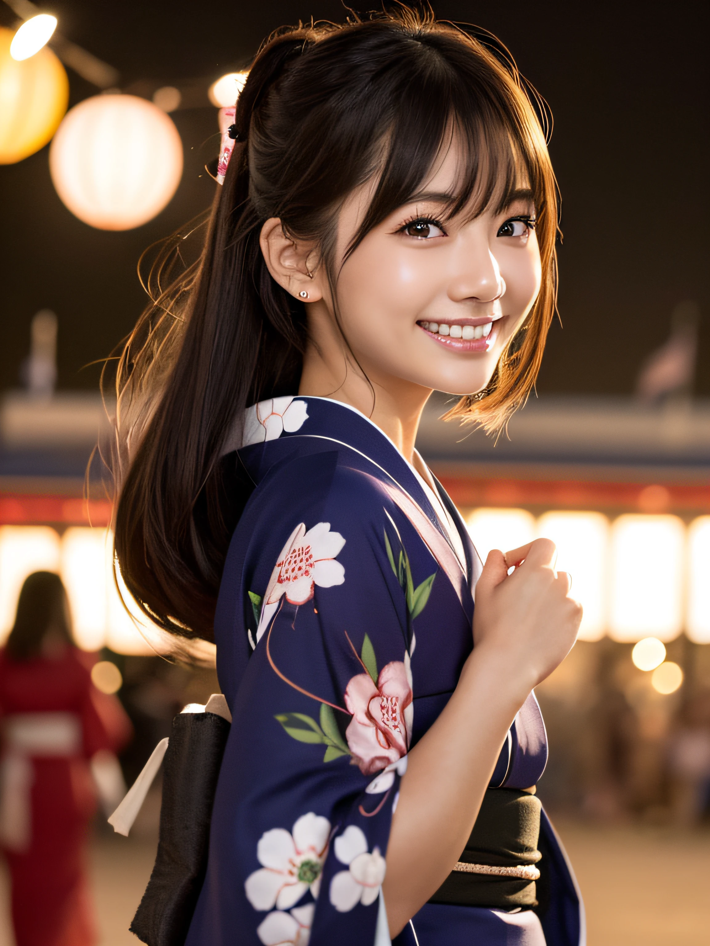 Watching on camera,(((Top image quality、8K、masutepiece)))、Crisp focus、(Beautiful Women in Perfect Figure)、A slender、(hairstyle on:ass hole up))、((kimono:CALA))、street:1.2 Highly detailed face and skin texture Detailed eyes Double eyelids Random posture、(a smile)、Super cute Japan person、Super Beautiful Japan Girl、lifelike face、二重まぶた、a smile、Summer Festivals、at the sunset、Beautiful teeth、 firework background。