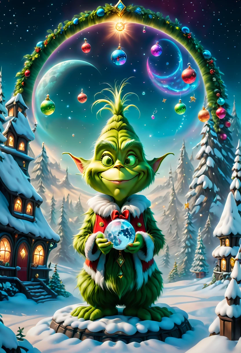 （tarot cards：1.5，rotary symmetrical），(tmasterpiece),（ultra - detailed：1.3），Best quality，（Sparkling:1.2），（christmas world），((The Grinch: 1.2，Evil smiled: 1.2)),（the moon is empty)，The Grinch dressed as Santa Claus，Teach with a wand，natta，sky sky，moon full，without humans，fantasy magic style, and other decorations, A world of dreams, Cute cartoon design style, Bubble Mart, Vibrant colors，bright，1.4x realism，hyper HD，All shown in this beautiful scene，（The content is very detailed，Reasonable design，Clear lines，High- sharpness，tmasterpiece，offcial art，movie light effect，8K）