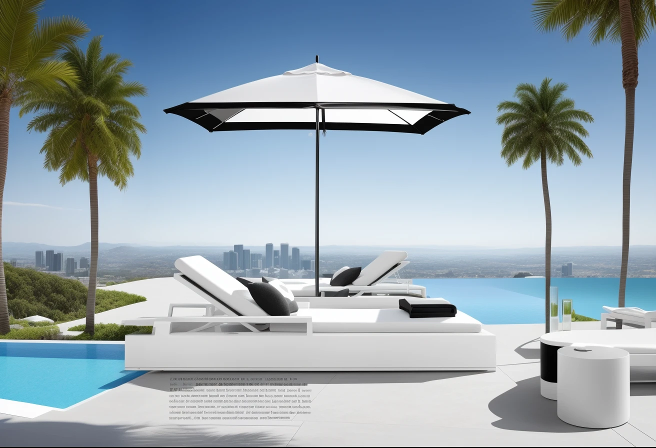 Araf lounge chairs with parasols on the terrace overlooking the pool, outdoor design, beach umbrella, perfect crisp sunlight, Surreal, tmasterpiece', The lines are clear and smooth, A magnificent masterpiece, a masterpiece of art, Stylish black and white, The lines are clear and smooth, Clear detail, clear and clean shapes, umbrellas, inspiring, Recline, dramatic artwork, stunning detailed, parasols
