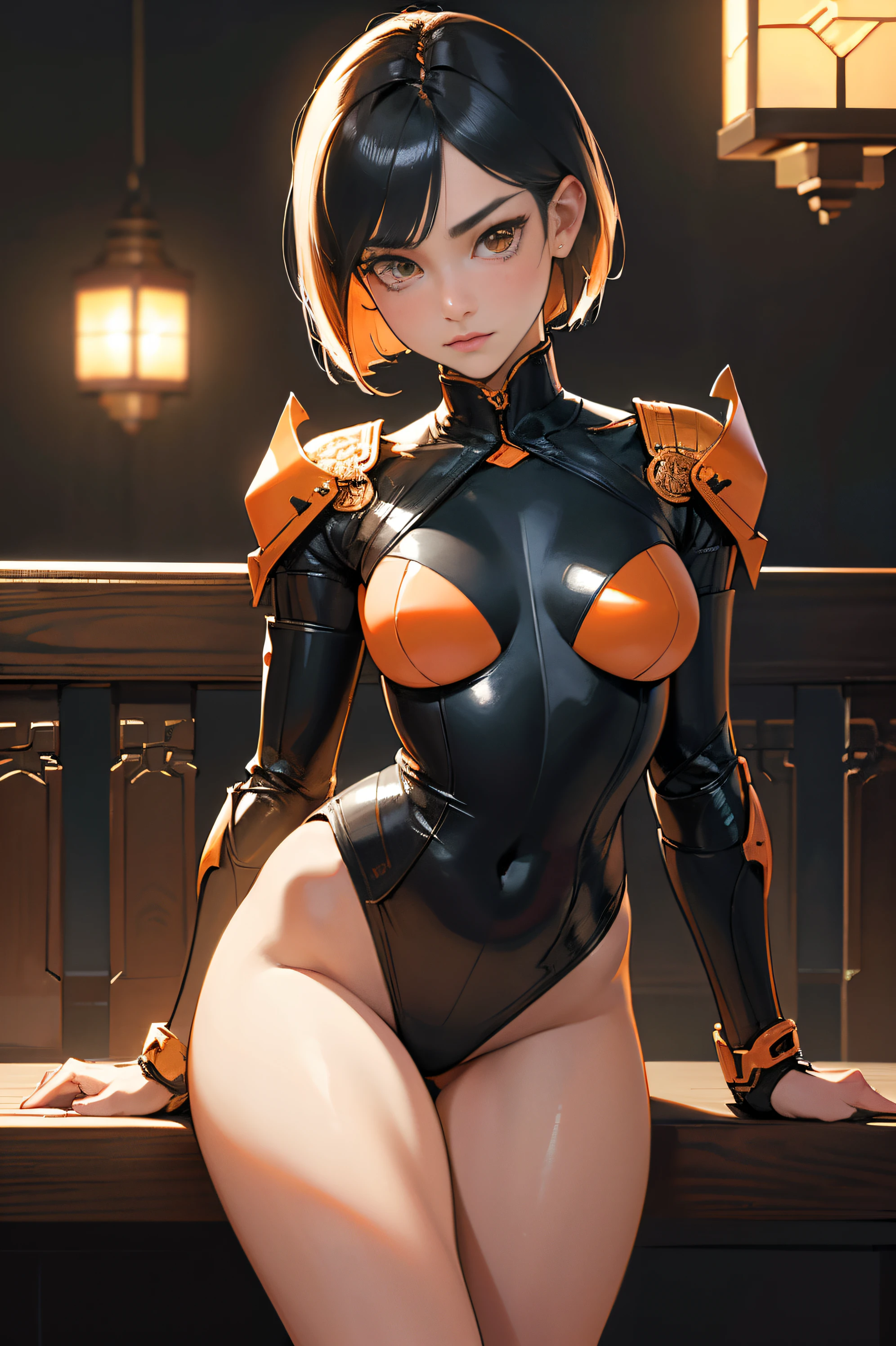 (Artwork of exceptional craftsmanship),(Detailed illustrations,(Art based on a very ideal anatomy),Very detailed and detailed drawing,Delicate lines with slow and rapid,(Realistic texture expression)),[Color tressed main line],[Shinjuku background at night],(HENTAI ANIME) (Japanese NINJA Girl (Beauty)  student) petite and muscular [Slim body], fit thighs, Short Bob Cut,([hornet] Orange Ninja Battle Armor) scarf [stall] ((Fitting rubber inner) [honeycomb] [edg]) hair adornments (Dull metallic luster:0.8),gravure [KUNOICHI],(Perfectly proportioned),(Fine and beautiful skin expression [realistic skin detail]),(Design built to the highest level,[Advanced structural understanding of materials],Ideal color coordination),(Intricate and beautiful decoration (Dense detail)),(More on shiny hair),[Perfect hand details],(Beautiful perfect face [Realistic face details]),[Clear gaze],[long and beautiful eyelashes], orange eyes, [Perfect eye details (Eyes beautifully drawn down to the smallest detail)],(detaileds,high-detail),((Precision Detail),[multi-layer texture],HighQuality,hight resolution),[(Accurate simulation of light-material interactions),Understanding Airflow,Mechanically correct representation],[Visual art that conveys a sense of narrative] [Full body like], thigh gap,[[Desaturation]].