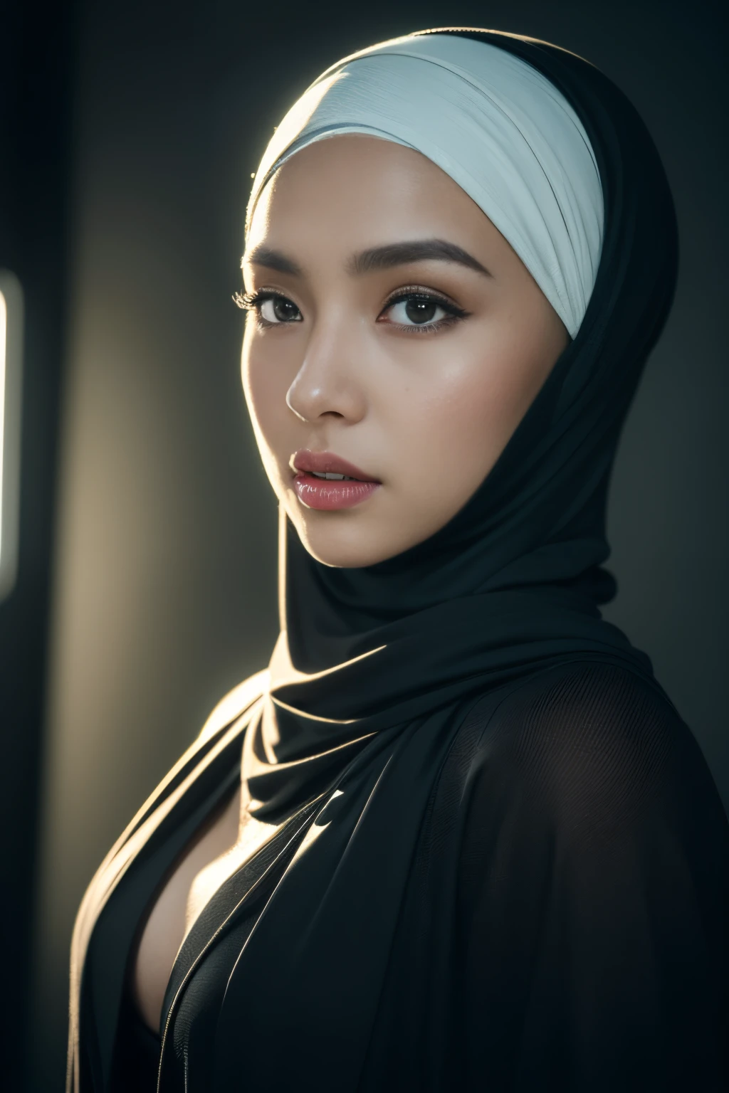 bellydancer, cyberpunk, javanese, (((hijabi))), cleavage, reflection light, chiaroscuro, depth of field, cinematic lighting, ray tracing, Sony FE GM, UHD, super detail, masterpiece, textured skin, high details, best quality, award winning，3D,hdr（HighDynamicRange）,Ray tracing,NVIDIA RTX,Hyper-Resolution,Unreal 5,Subsurface scattering、PBR Texture、post-proces、Anisotropy Filtering、depth of fields、maximum definition and sharpness、Many-Layer Textures、Albedo e mapas Speculares、Surface coloring、Accurate simulation octane rendering of light-material interactions、Two-colored light、largeaperture、Low ISO、White balance、the rule of thirds、8K raw data