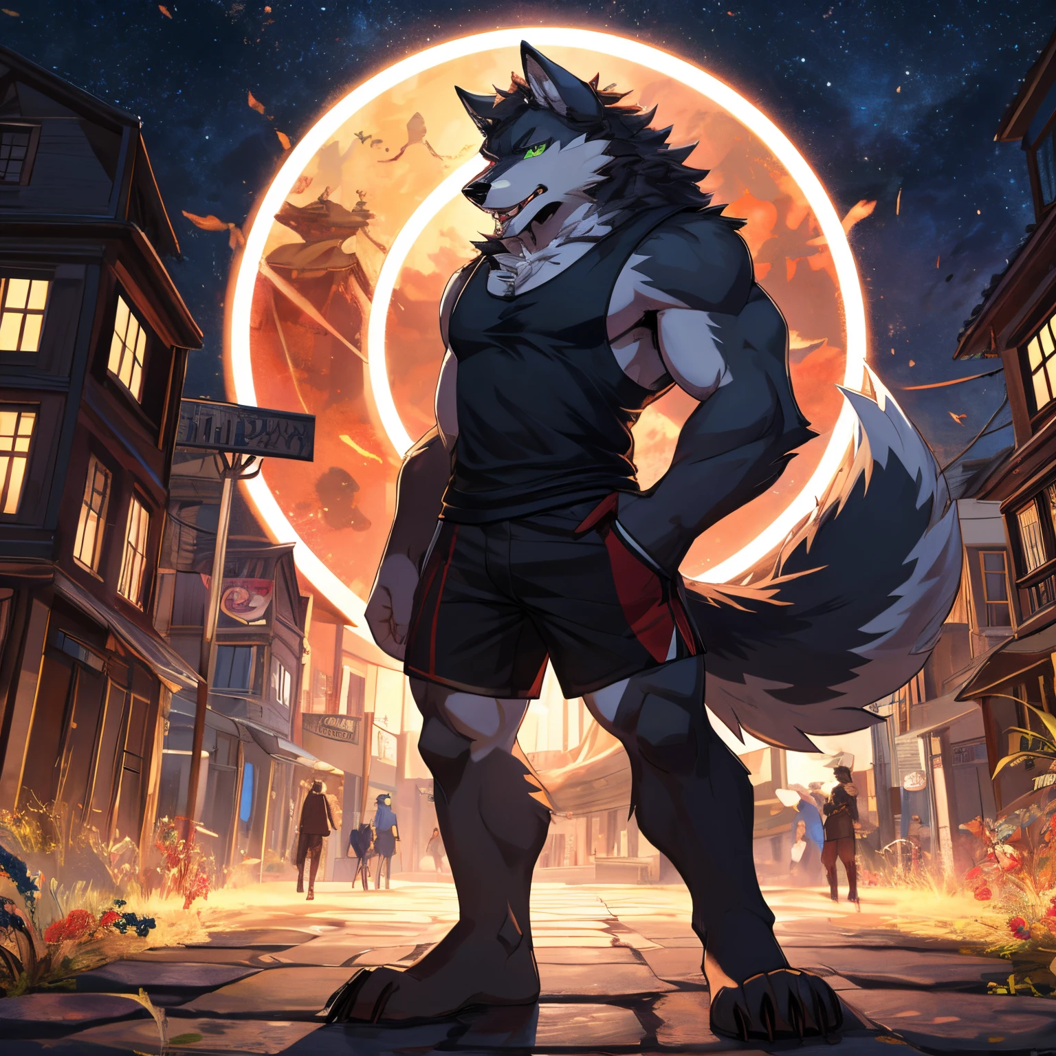 Furry shaggy lean werewolf male wearing a tank top and short shorts, furry art, lean werewolf, high resolution committee, full body committee, delicate eyes, pupil color is green, high resolution committee, full body committee, furry color black, furry anime, fluffy art council, furry fleurna, gorgeous wolf flsona, furry, one-handed waist, furry art, expression flirty, tsundere, solo person,shaggy male,hairy bodies,shoun,werewolf,canine,black fur,long dark hair, The ends of the hair are glowing purple,green eye,adolable,seductive, Handsome,large tail,full body, tank top, seductive, 1boy, a long fluffy furry wolf tail with fangs in the mouth, staring at the screen sharp claws, two legs, standing on both feet, the human wolf,