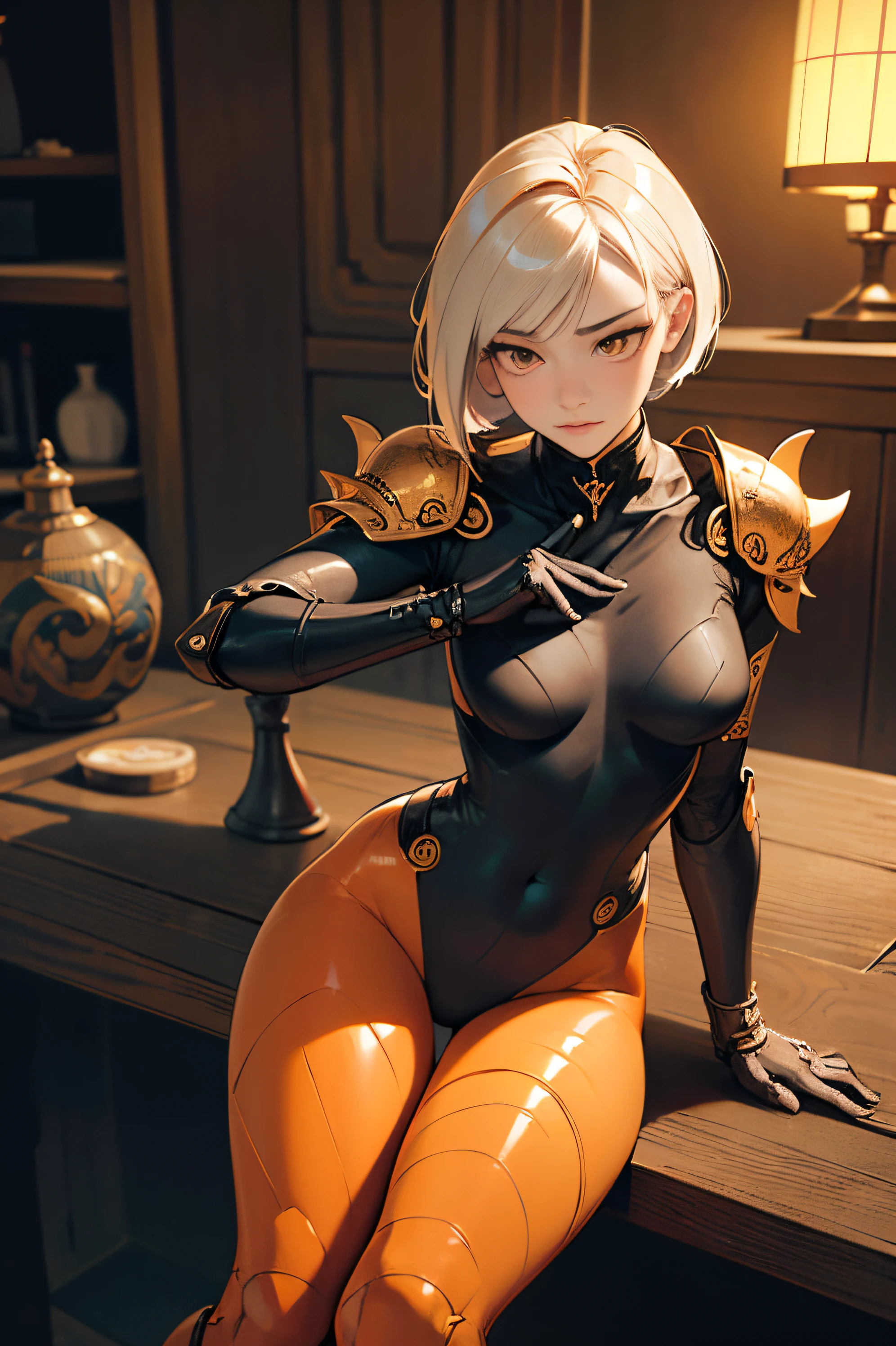 (Artwork of exceptional craftsmanship),(Detailed illustrations,(Art based on a very ideal anatomy),Very detailed and detailed drawing,Delicate lines with slow and rapid,(Realistic texture expression)),[Color tressed main line],[Shinjuku background at night],(HENTAI ANIME) (Japanese NINJA Girl (Beauty) 15yo student) petite and muscular [Slim body], fit thighs, Short Bob Cut,([hornet] Orange Ninja Battle Armor) scarf [stall] ((Fitting rubber inner) [honeycomb] [edg]) hair adornments (Dull metallic luster:0.8),gravure [KUNOICHI],(Perfectly proportioned),(Fine and beautiful skin expression [realistic skin detail]),(Design built to the highest level,[Advanced structural understanding of materials],Ideal color coordination),(Intricate and beautiful decoration (Dense detail)),(More on shiny hair),[Perfect hand details],(Beautiful perfect face [Realistic face details]),[Clear gaze],[long and beautiful eyelashes], orange eyes, [Perfect eye details (Eyes beautifully drawn down to the smallest detail)],(detaileds,high-detail),((Precision Detail),[multi-layer texture],HighQuality,hight resolution),[(Accurate simulation of light-material interactions),Understanding Airflow,Mechanically correct representation],[Visual art that conveys a sense of narrative] [Full body like], thigh gap,[[Desaturation]].