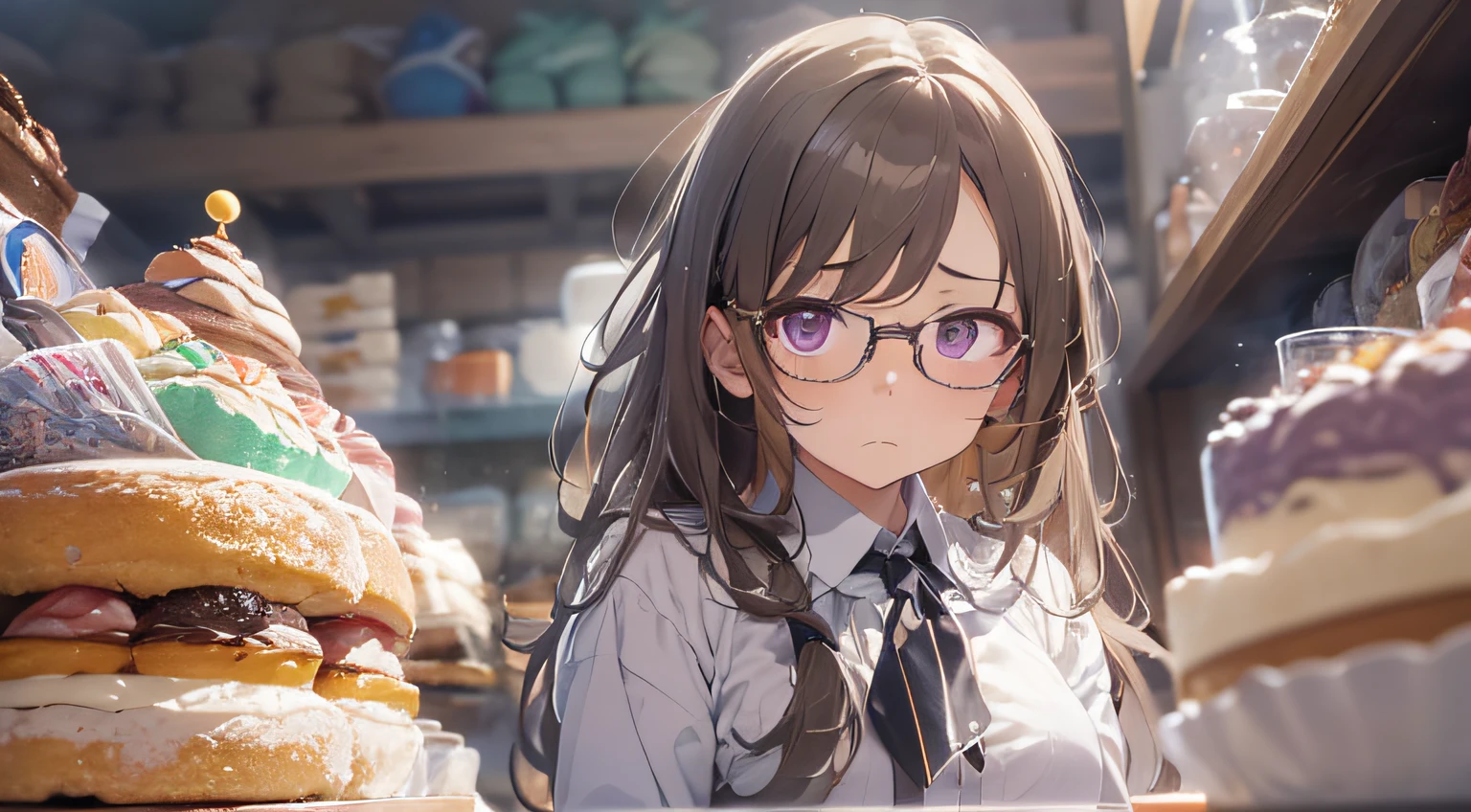 ​masterpiece、top-quality、(brown colored long hair:1.1)、25 year old woman with purple eyes、wears glasses、Wearing a gray suit、white  shirt、(flat breast:1.1)、(Sad look:1.3)、(bowing:1.5)、(Close-up of the subject's face:1.3)、Place the camera on the side of the subject、The background is a cake shop、Bold composition、Upper body is shown、Alone、