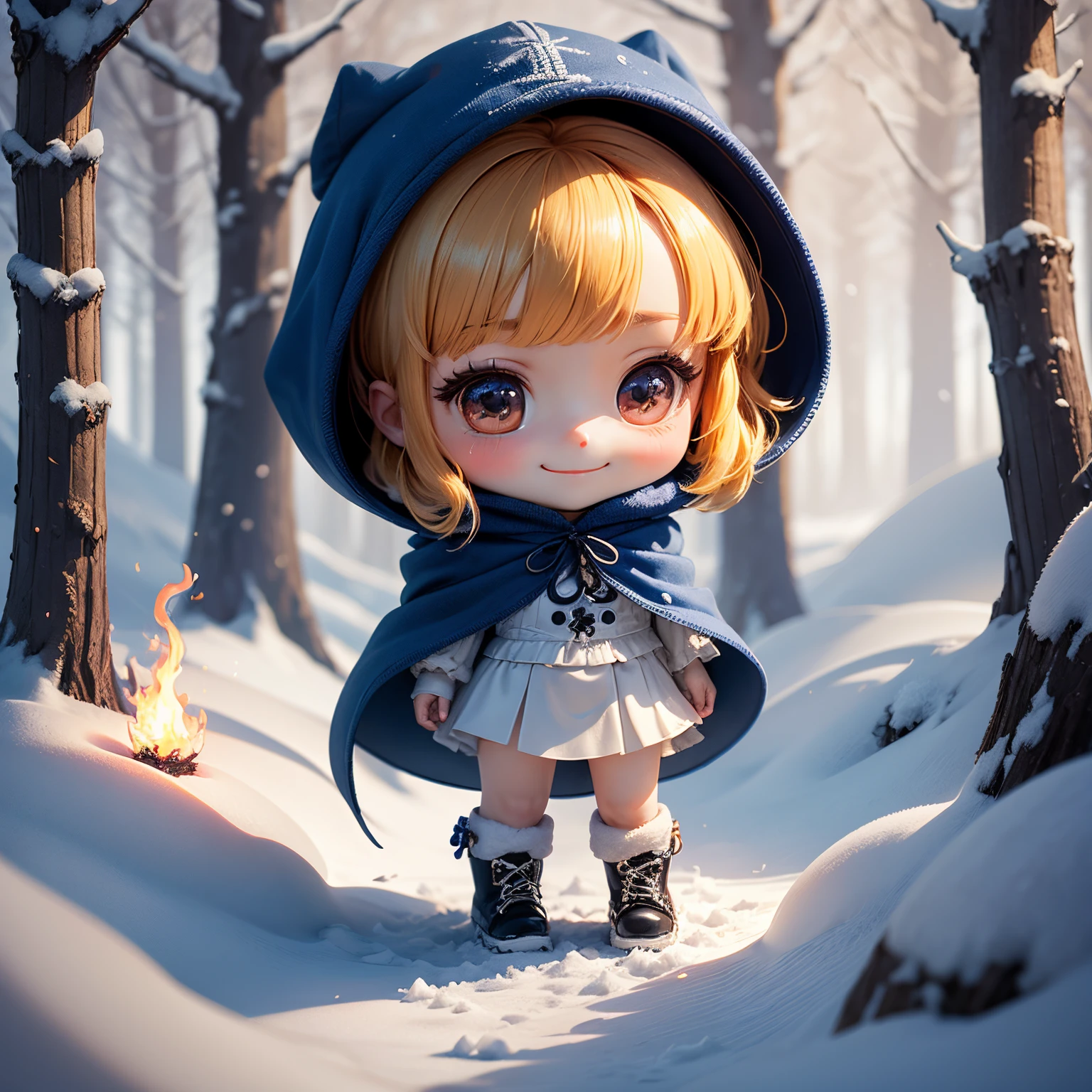 masterpiece、top-quality、ultra-detailliert、(Chibi Chara's Daughter:1.2)、Blue Bob、fluffy hood cloak、one piece of flame、Fluffy boots、magical winter forest、Unrealistic、Standing、a smile、