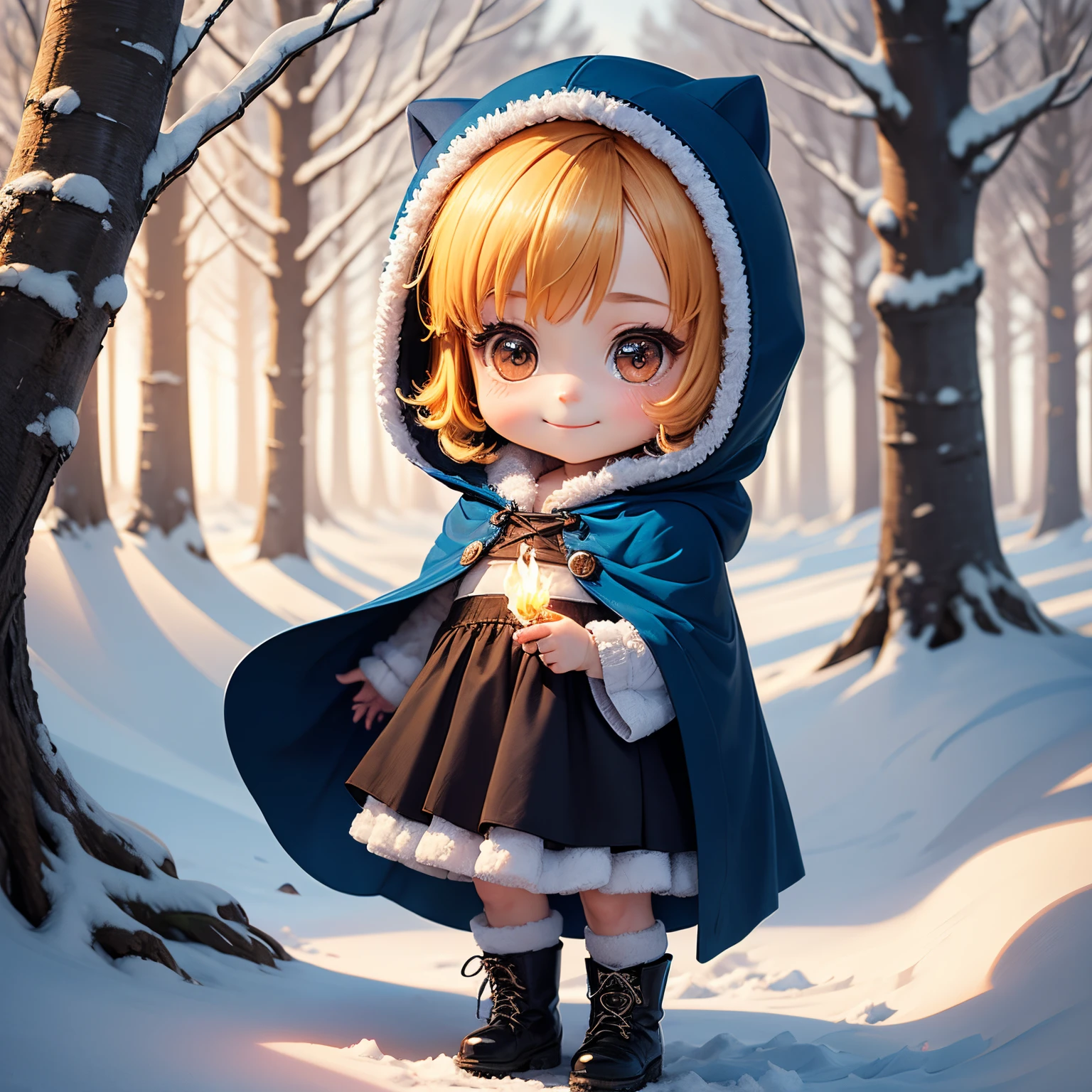 masterpiece、top-quality、ultra-detailliert、(Chibi Chara's Daughter:1.2)、Blue Bob、fluffy hood cloak、one piece of flame、Fluffy boots、magical winter forest、Unrealistic、Standing、a smile、