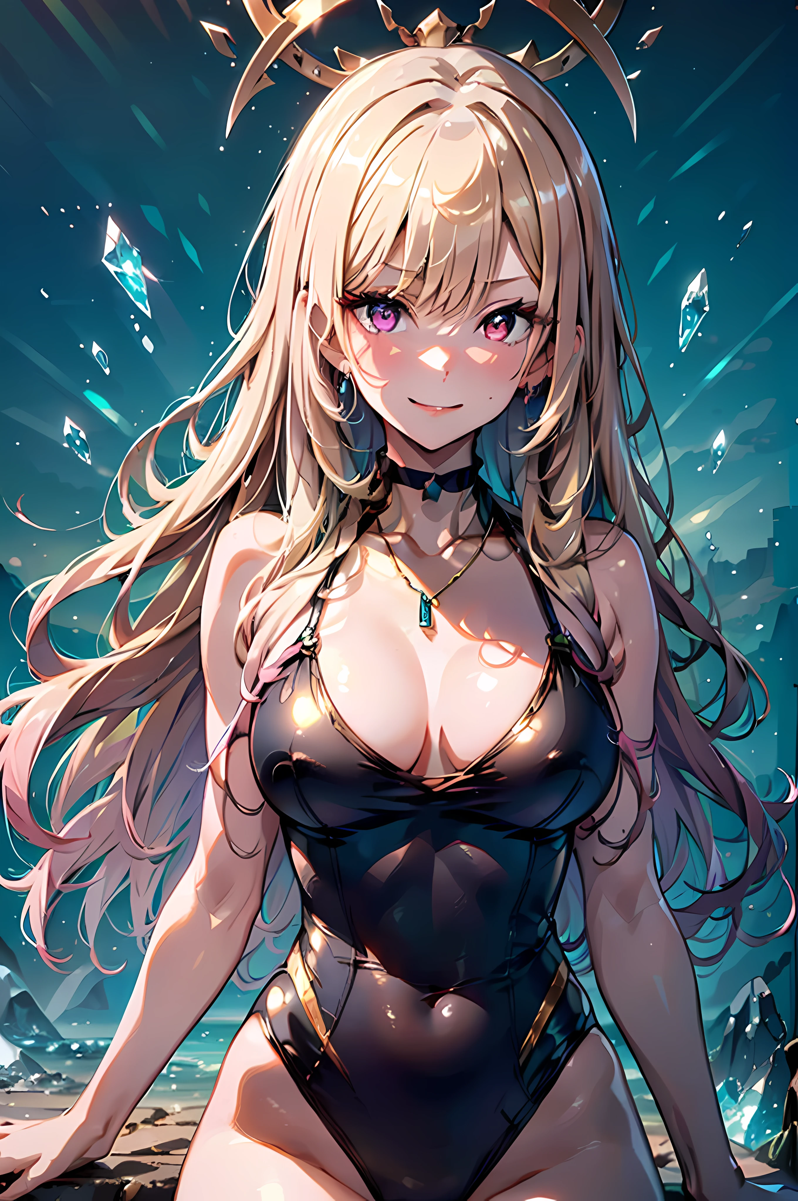 human female waist shot, Convoluted, Slender face, Elegant, (Marin Kitagawa,huge smile,gals,Platinum Blonde Hair, Long hair, multicolored hair, Draw the red eye in detail, Jewelry, Choker, Vivid pink match_Swimsuit, Bracelet:1.2),wearing an amethyst necklace, white light leotard, Facing Camera, Highly detailed, Digital Painting, art  stations, Concept art, Smooth, Sharp Focus, Illustration, art by artgerm and greg rutkowski and alphonse mucha, 8K, Volumetric fog, bloom, llight rays, lumen, Crank bokeh,rystallineAI,phcrysta,pink crystal,A mysterious space made of amethyst