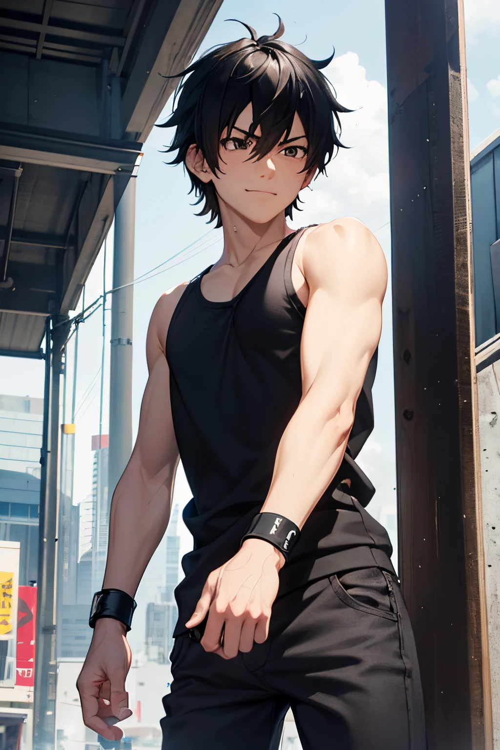 protagonist, boy,perverted, friendly, serious, shy, black hair, black eyes, discreet smile, 15 years old, black tank top, black pants, wristband, medium hair, strong personalities, intimidating look, affectionate, charismatic , anime, 3D, Ultrarealistic.
