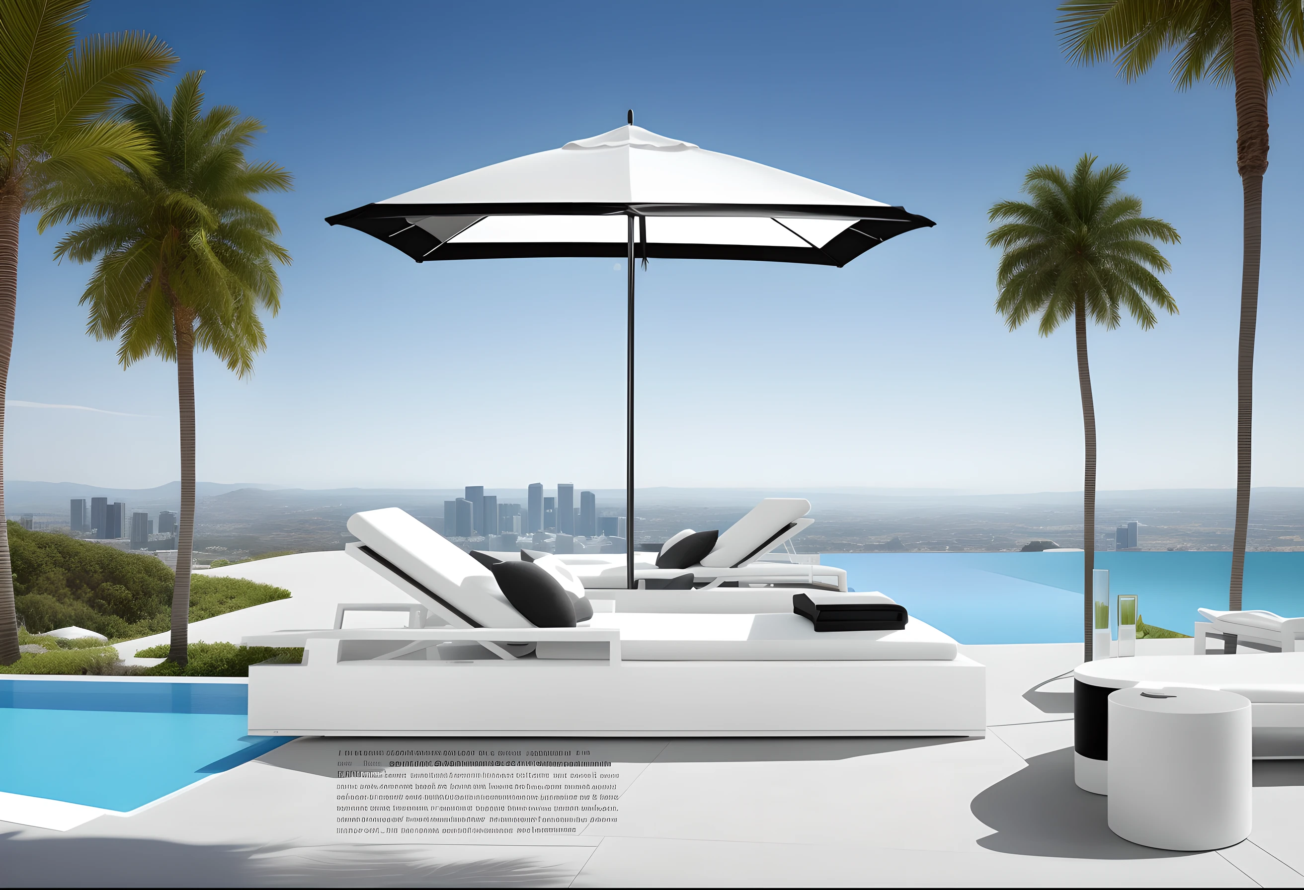 Araf lounge chairs with parasols on the terrace overlooking the pool, outdoor design, beach umbrella, perfect crisp sunlight, Surreal, tmasterpiece', The lines are clear and smooth, A magnificent masterpiece, a masterpiece of art, Stylish black and white, The lines are clear and smooth, Clear detail, clear and clean shapes, umbrellas, inspiring, Recline, dramatic artwork, stunning detailed, parasols