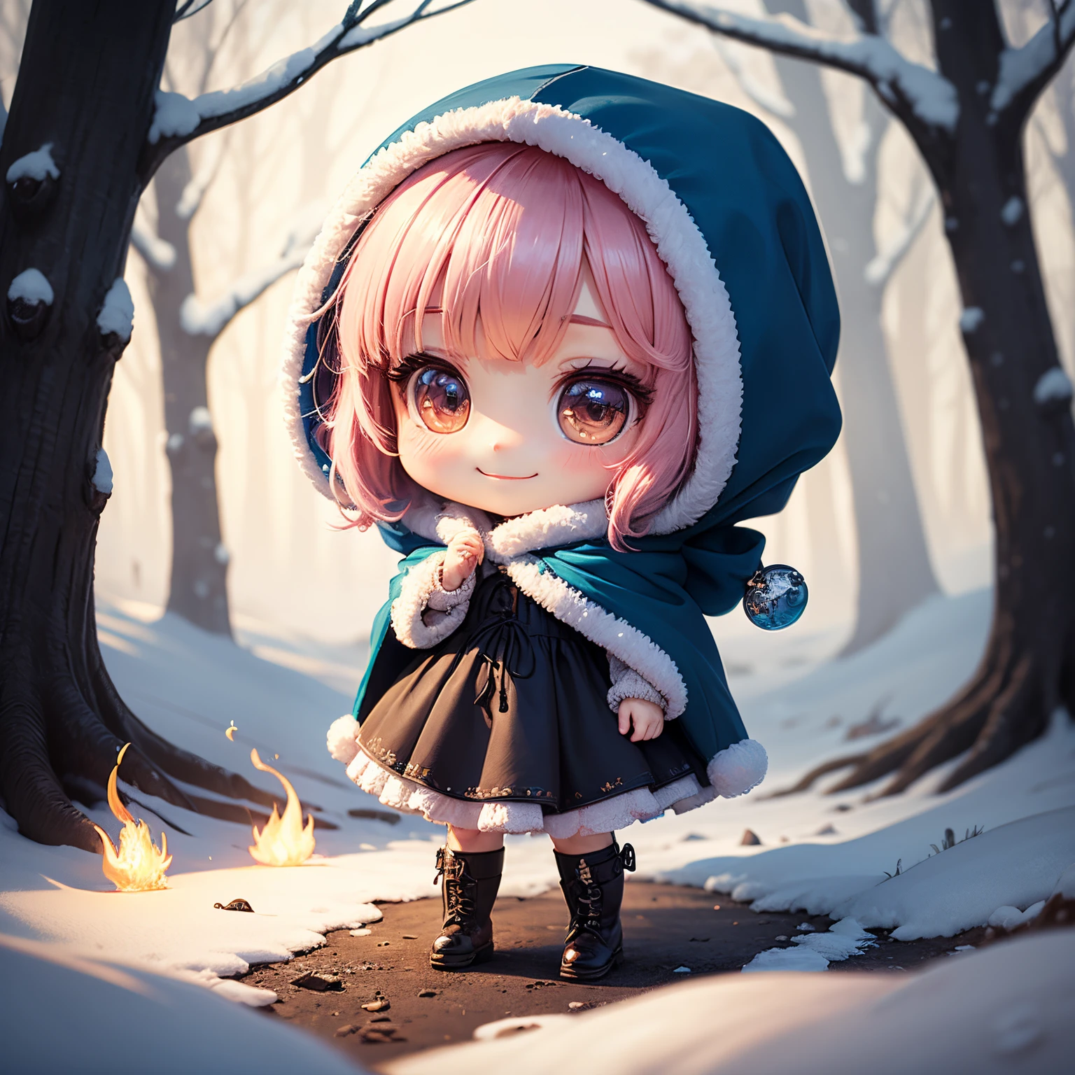 ​masterpiece、top-quality、ultra-detailliert、(Chibi Chara's Daughter:1.2)、Blue Bob、fluffy hood cloak、flame cami dress、Fluffy boots、magical winter forest、Unrealistic、Standing、A smile、