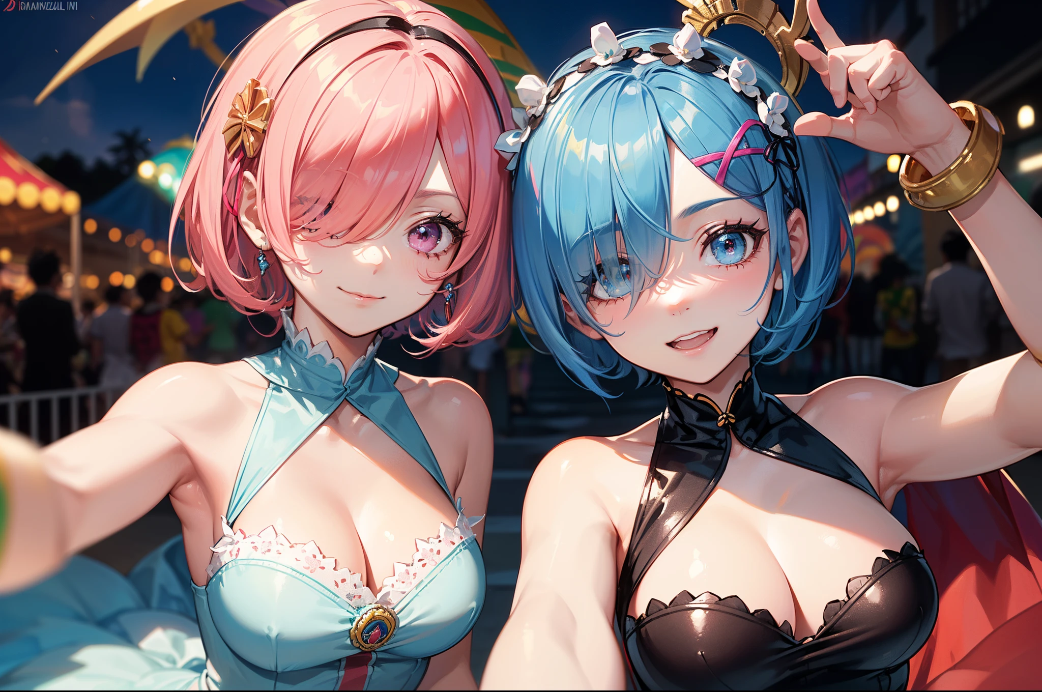 masterpiece, (2girls), couple, ((ram \(re:zero\), (pink hair), (hair tie)), (remrin:1), ramchi, (rem_re_zero, (light blue hair), (hair tie)), (short hair:1.5), (hair over one eye:1.3):1.4), (wearing lush carnival evening dress:1.5), boobs, (funny face expression:1.3), (smiling face:1.2), (detailed body, detailed hands, detailed faces:1.3), (selfie:1.4), (carnival in rio de janeiro:1.3), street procession, (Brazilian carnival background:1.5)