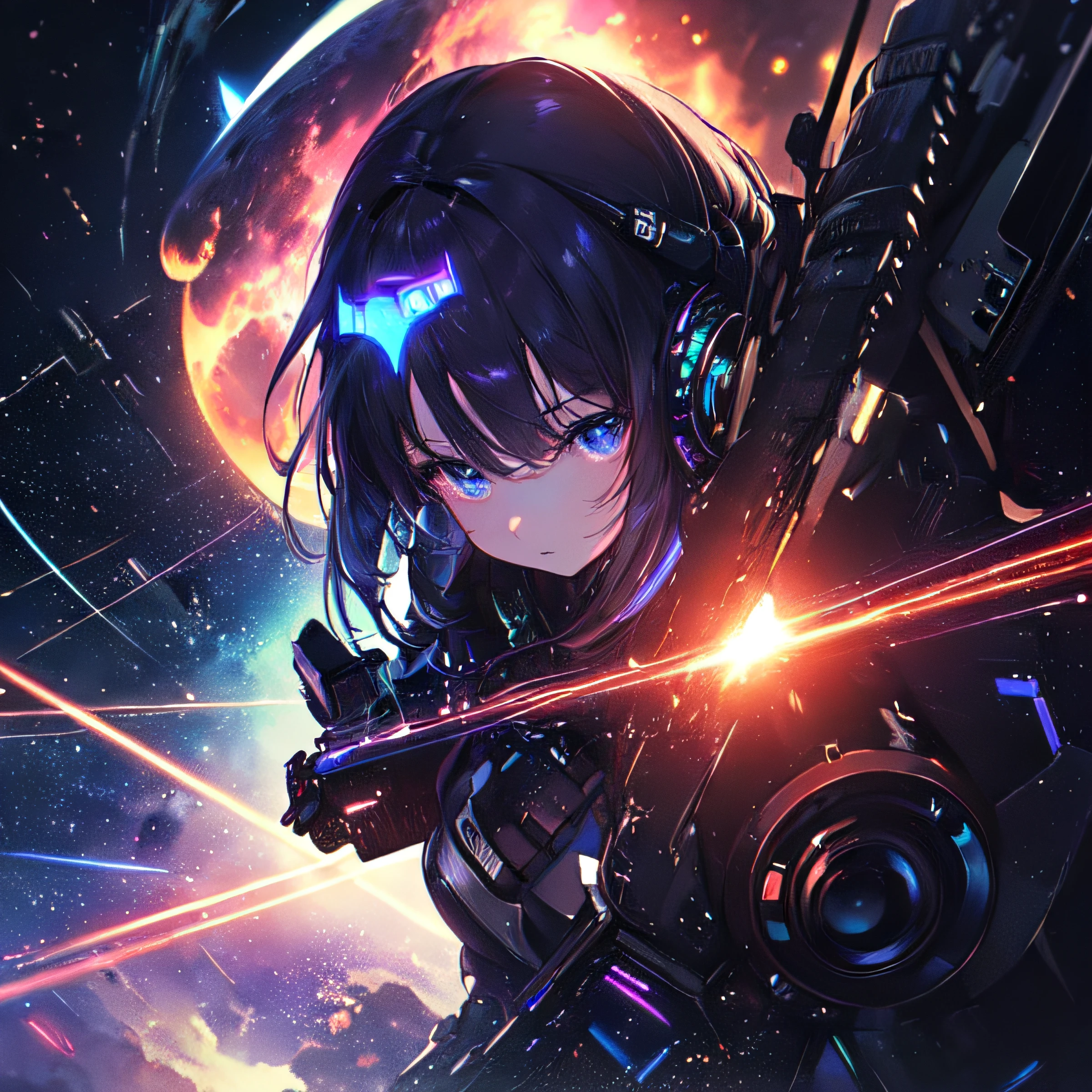 (masterpiece、top-quality、top-quality、Official art、ighly detailed、Beautifully Aesthetic:1.2)、(1girl in),cosmic space、cyberpunked、Future Space Combat Suits、((nebulas))、Delicate Light、Intuitive、Precise focus、cinema4d、Dramatic、