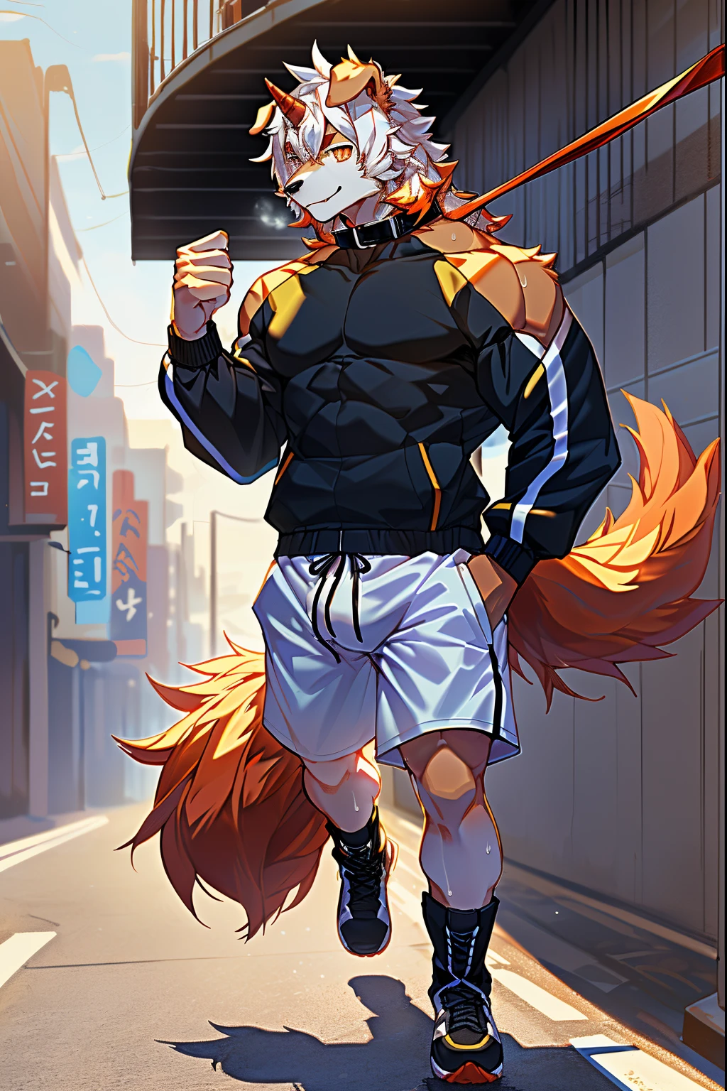 (stay in log, author：ghost of emptiness, by making friends, by honoway, by thebigslick, by fenherz), male people, Alone, Domestic dogs, horn, shrug ears, paws with claws, ssmile, toyko, akihabara, neonlight, the street，tmasterpiece, Best quality, offcial art, extremely detaild的 CG unified 8k wallpapers, ultra - detailed, Best Best Illustration, The best shadow, perfect litthing, White fur, furry male, Dog boy, hairy pubic hair, Two-tone fur, 1 boy, Hair color, malefocus, horn, Striped hair, dog ears, Animal ears, single horn, Brown fur, through bangs, orange color hair, White hair, Medium hair, Orange eyes, Alone, jogging，track suit，boots，sweat shorts，whitestocking，Orange tail，furry tail，Big abs，The light is very gentle，wearing collar on neck，Dog leashes，natta，Tall and strong，Lateral face，full bodyesbian，The calves are bare，