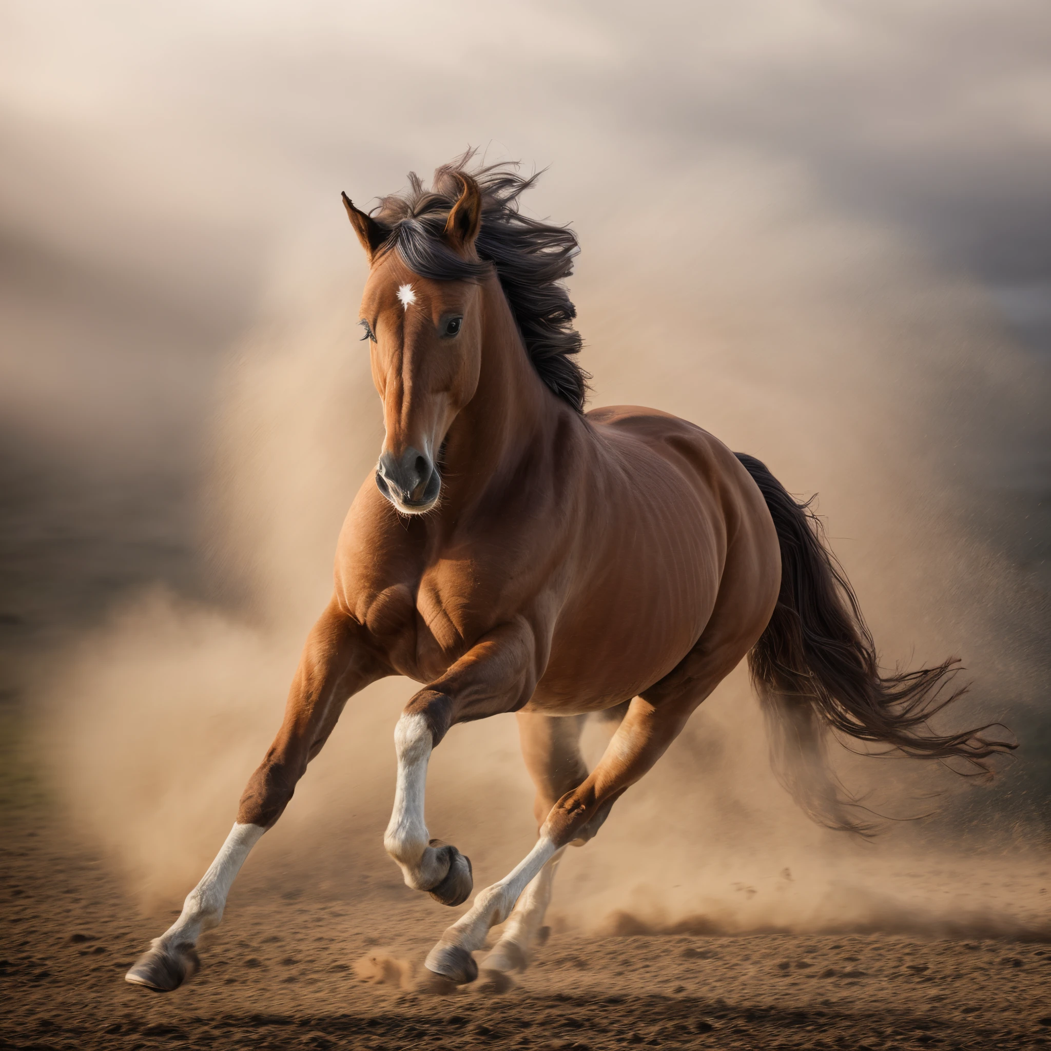 wild horse galloping three quarter face, turning left, mane in the wind, elegant, splendid, first-person view, Hasselblad, masterpiece, super detail, 8k