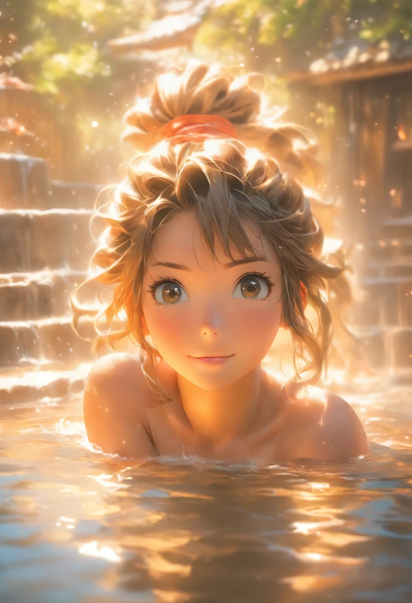 Realistic background blur that looks like it was taken with a high-performance camera.、Please provide high quality illustrations....。A beautiful girl soaking in a hot spring with a relaxed expression.、The steam rising from the bathtub is beautifully depicted.....。Attention to detail in hair and skin、Enjoy the natural texture。To convey the atmosphere of a hot spring area、Please draw the surrounding scenery and hot spring facilities.....。Highlight that beautiful girls are wearing bikinis、Please draw an illustration that takes advantage of her charm.....。"