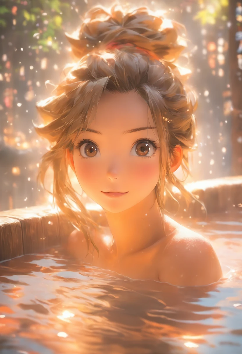 Realistic background blur that looks like it was taken with a high-performance camera.、Please provide high quality illustrations...。A beautiful girl soaking in a hot spring with a relaxed expression.、The steam rising from the bathtub is beautifully depicted....。Attention to detail in hair and skin、Enjoy the natural texture。To convey the atmosphere of a hot spring area、Please draw the surrounding scenery and hot spring facilities....。Highlight that beautiful girls are wearing bikinis、Please draw an illustration that takes advantage of her charm....。"