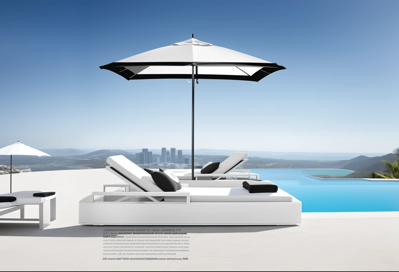 Araf lounge chairs with parasols on the terrace overlooking the pool, outdoor design, beach umbrella, perfect crisp sunlight, Surreal, tmasterpiece', The lines are clear and smooth, A magnificent masterpiece, a masterpiece of art, Stylish black and white, The lines are clear and smooth, Clear detail, clear and clean shapes, umbrellas, inspiring, Recline, dramatic artwork, stunning detailed, parasols