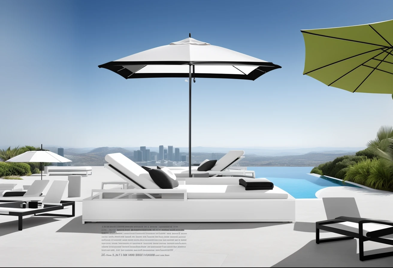 Araf lounge chairs with parasols on the terrace overlooking the pool, outdoor design, beach umbrella, perfect crisp sunlight, Surreal, tmasterpiece&#39;, The lines are clear and smooth, A magnificent masterpiece, a masterpiece of art, Stylish black and white, The lines are clear and smooth, Clear detail, clear and clean shapes, umbrellas, inspiring, Recline, dramatic artwork, stunning detailed, parasols