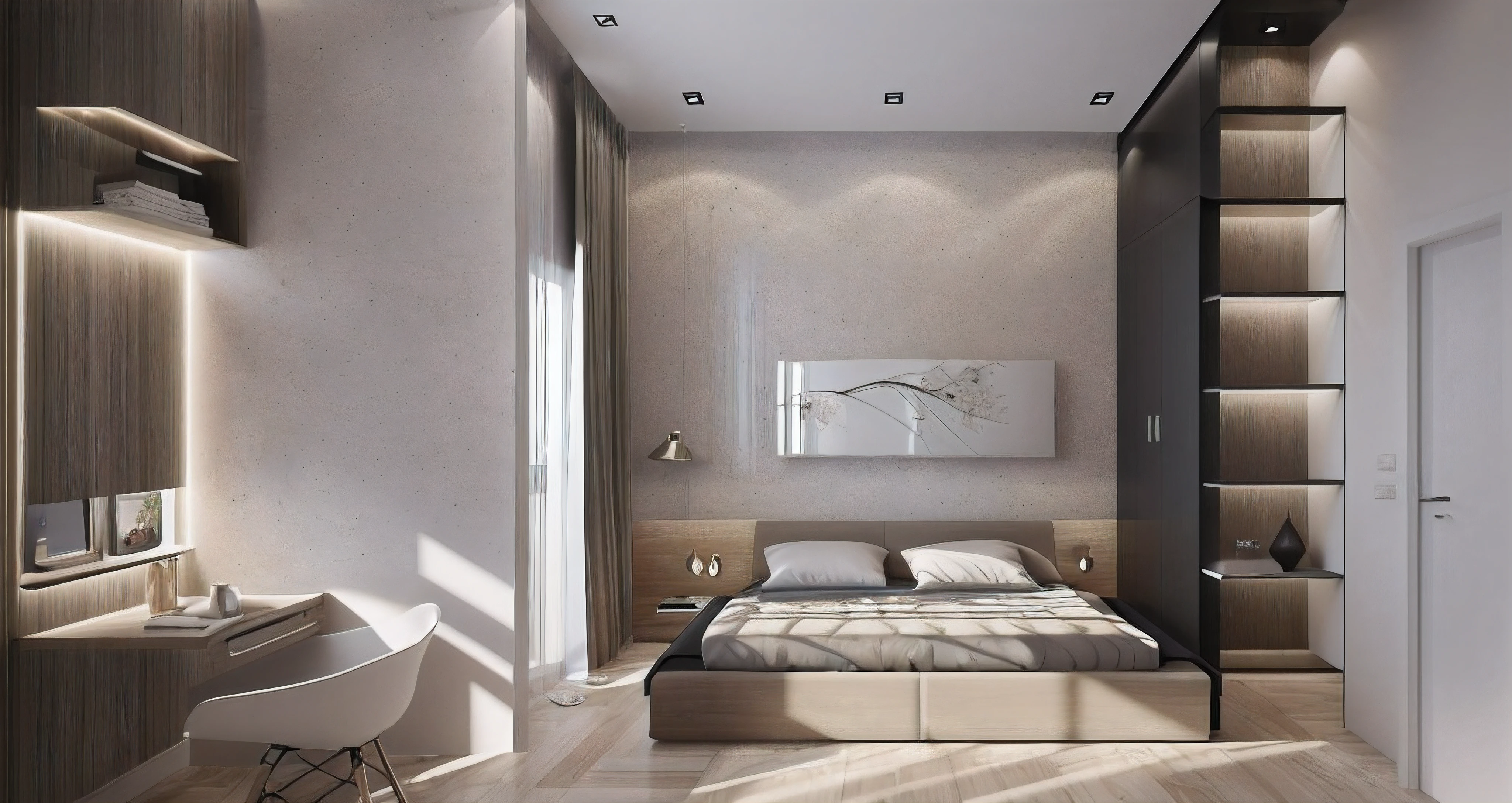 ((Best quality, 16k uhd, Masterpiece :1.3)), Sharp focus :1.2, (photo realisstic: 1.2), (hyperdetails: 1.2), nightday, bedroom, white wall , dynamic (RAW photo, best quality, masterpiece:1.2), detailed, (hyper realistic, photo-realistic:1.2), high quality, (dark lighting:1.2), perfect lighting, floor wood dark, window, 1 chair and table, macbook, cabinet, wardrobe combined with bed, lamp,white color wall, curtain wood white, picture on the wall between, toilet, 3d max render
