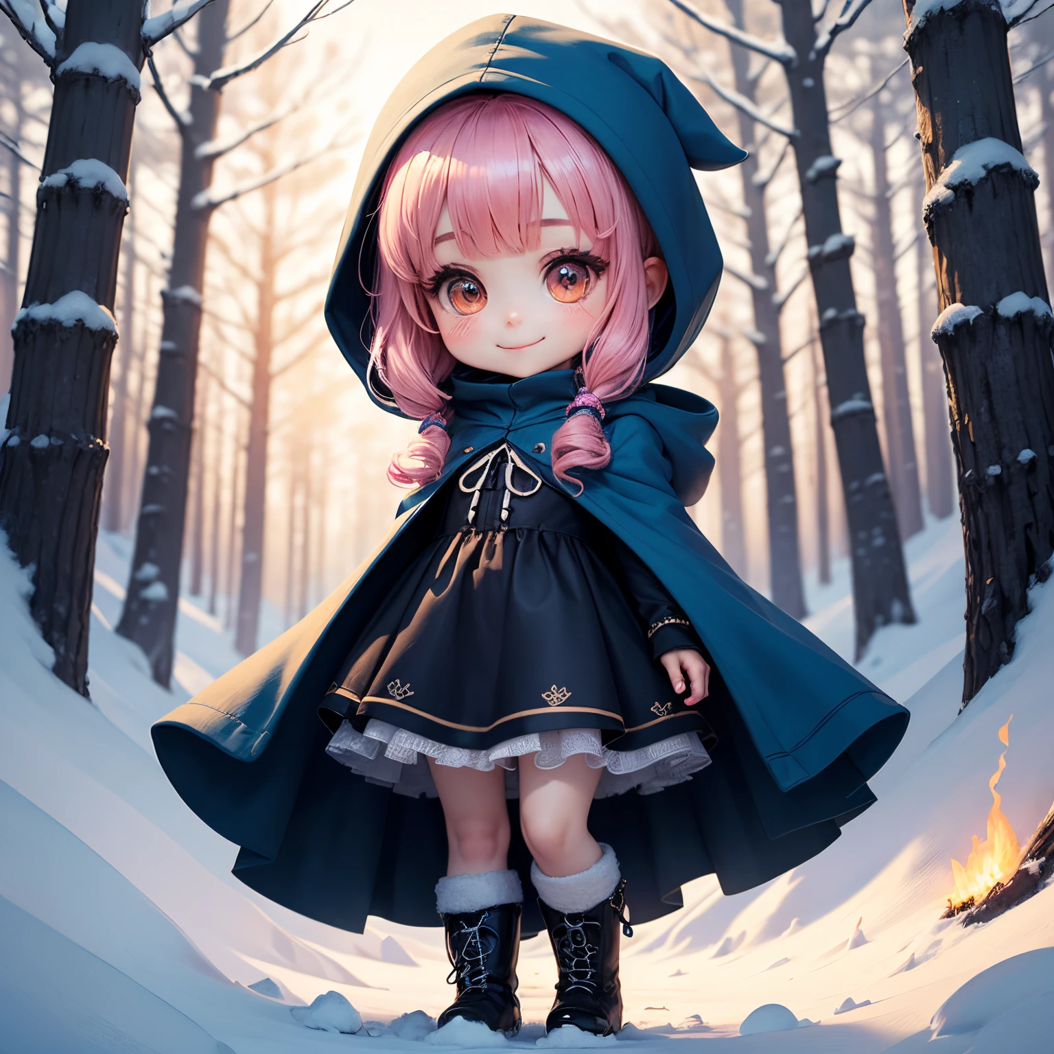 masterpiece、top-quality、ultra-detailliert、(Chibi Chara's Daughter:1.2)、Blue Bob、fluffy hood cloak、Cami dress with burning flames、Fluffy boots、magical winter forest、Unrealistic、Standing、A smile、