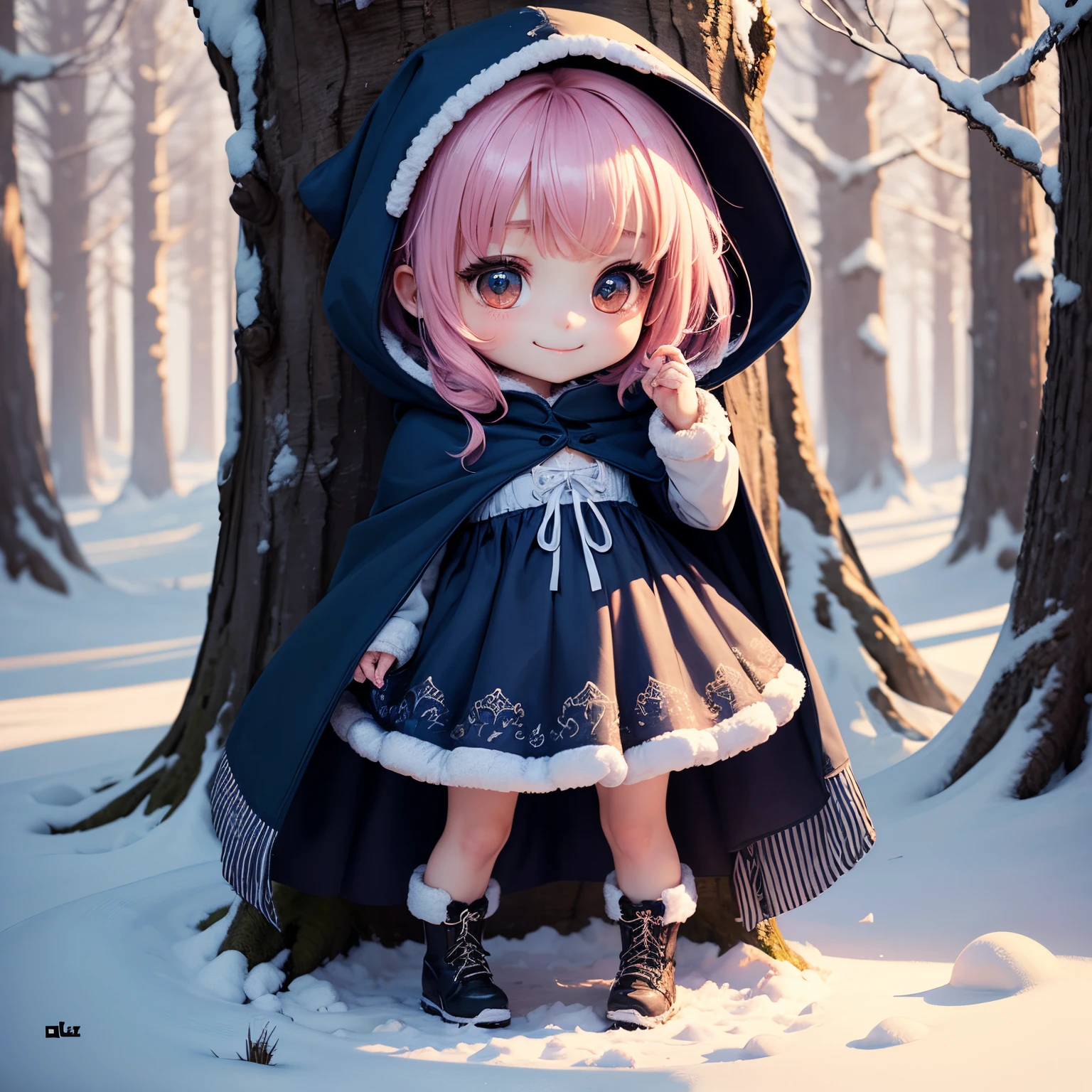 ​masterpiece、top-quality、ultra-detailliert、(Chibi Chara's Daughter:1.2)、Blue Bob、fluffy hood cloak、Cami dress with burning flames、Fluffy boots、magical winter forest、Unrealistic、Standing、A smile、