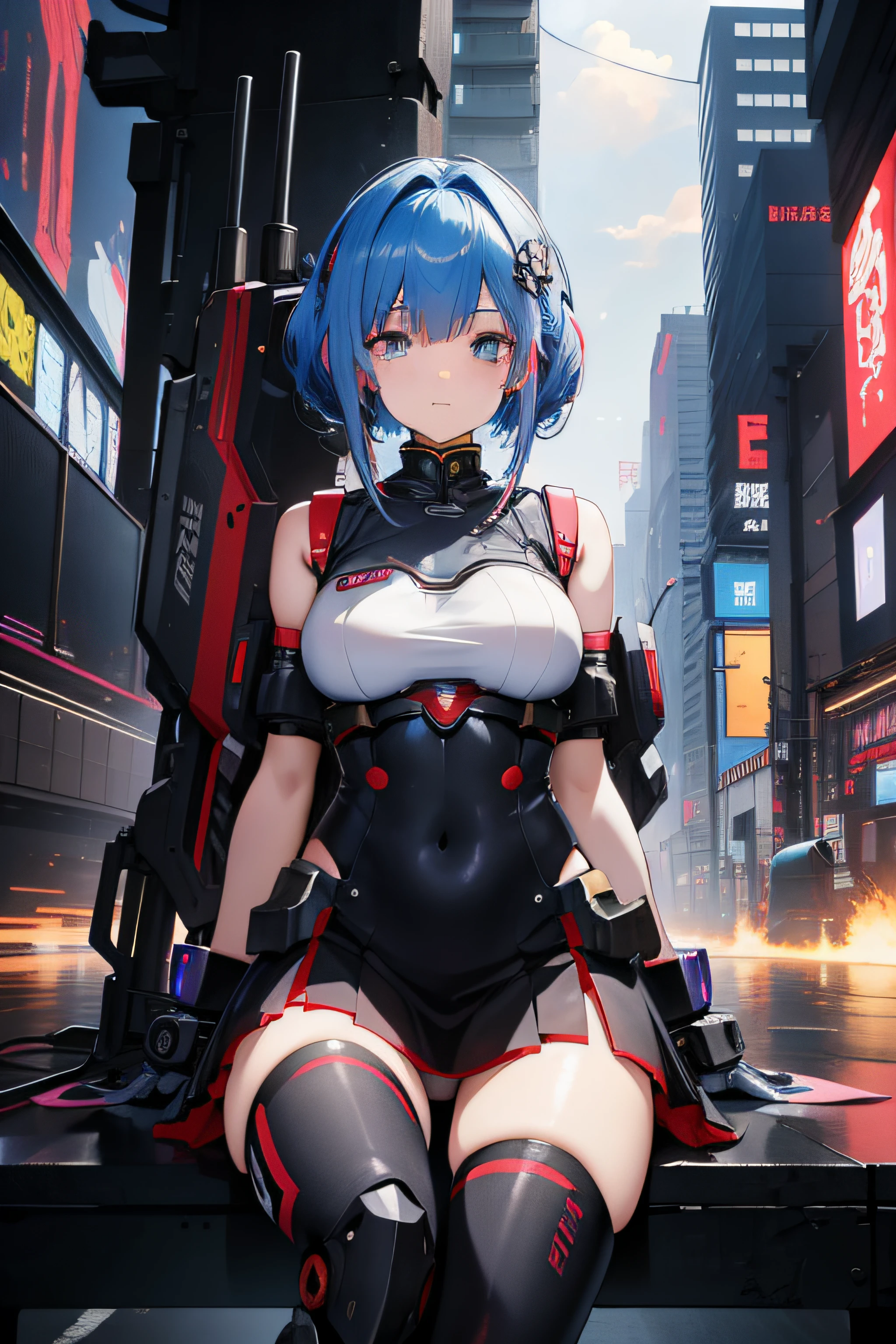 (masutepiece,Best Quality,8K),(extremely detailed CG1.1),1 girl,Smile,large boob,factories,nighttime scene,(From below:1.2),Summer light,Intricate details , Hyper realistic, Perfect Anatomy,Red Eyes,Bun,(((lightblue hair))),Bangs,hair slicked back,Full body,Android Suits,short-hair,Powerful pose