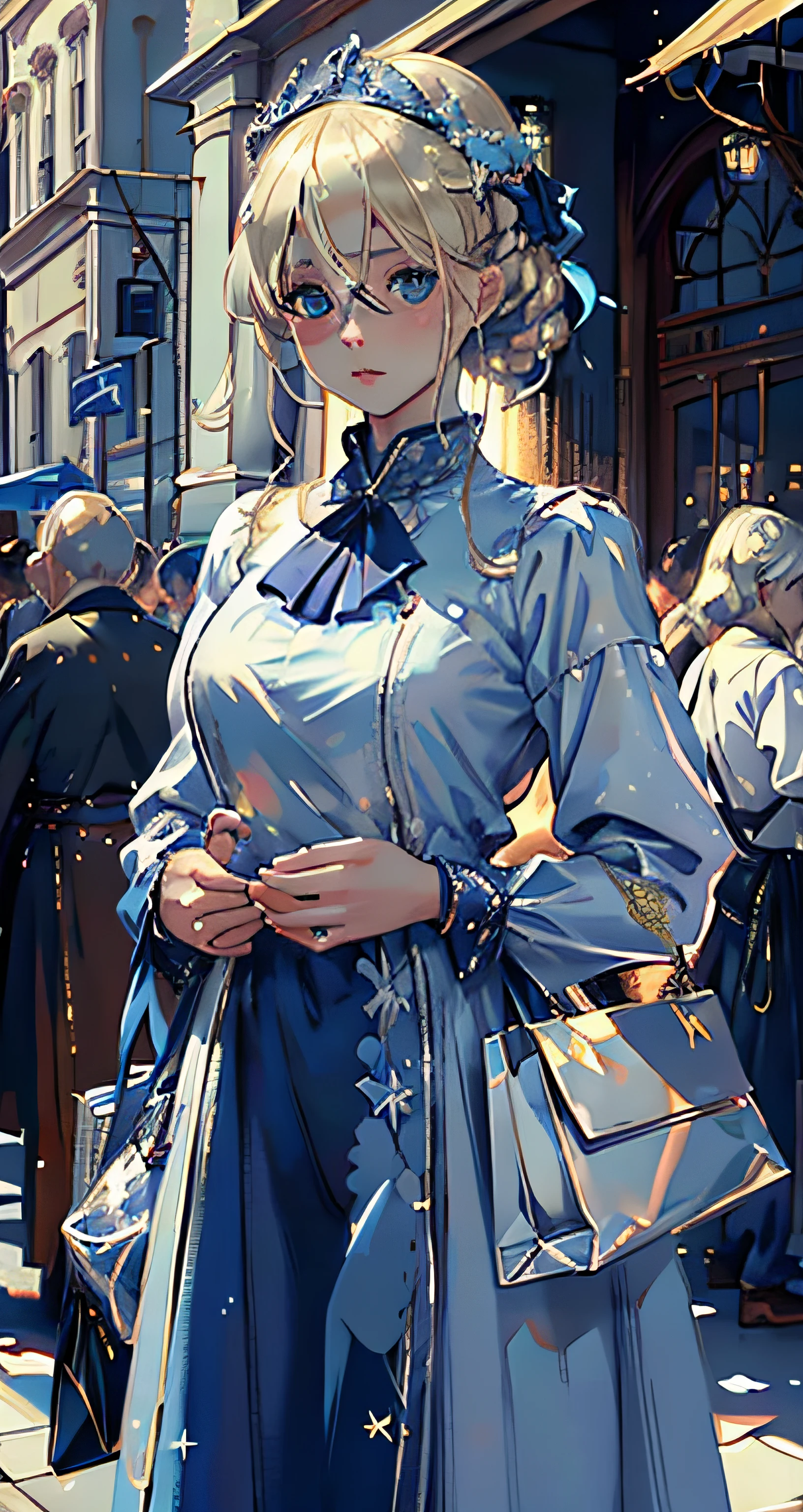 best quality, master part, Realistic, fotorrealista, 1girl, blue eyes, blonde, with shopping bags, sozinho, Olhando para o Viewer, corpo inteiro, Standing, cabelos longos, ornamento de cabelo, Antecedentes detalhados, Luz, estados unidos, at the flea market