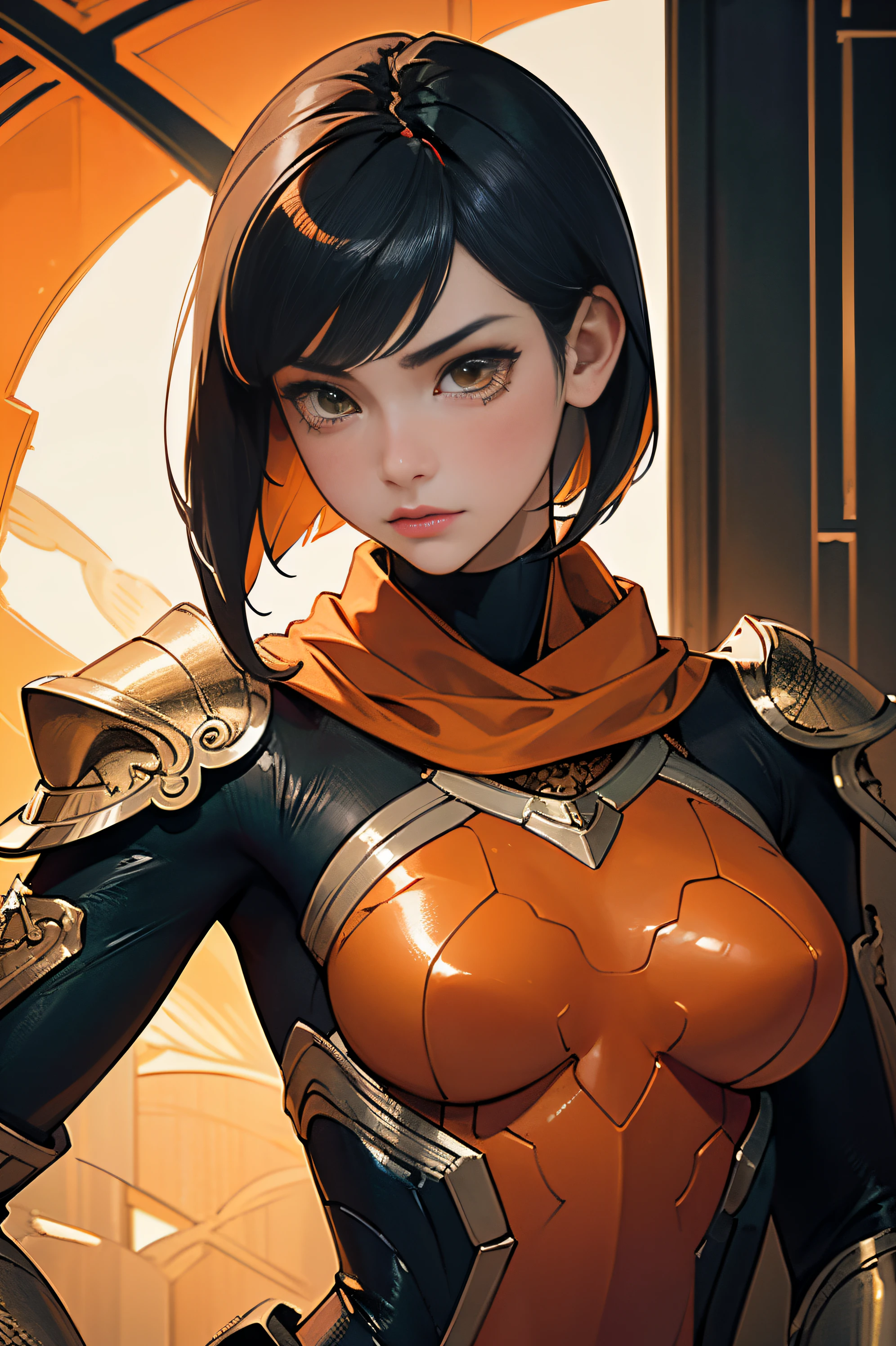 (Artwork of exceptional craftsmanship),(Detailed illustrations,(Art based on a very ideal anatomy),Very detailed and detailed drawing,Delicate lines with slow and rapid,(Realistic texture expression)),[Color tressed main line],[Shinjuku background at night],(HENTAI ANIME) (Japanese NINJA Girl (Beauty) ) petite and muscular [Slim & fit body], Short Bob Cut,([hornet] Orange Ninja Battle Armor) scarf [stall] ((Fitting rubber inner) [honeycomb] [edg]) hair adornments (Dull metallic luster:0.8),gravure [KUNOICHI],(Perfectly proportioned),(Fine and beautiful skin expression [realistic skin detail]),(Design built to the highest level,[Advanced structural understanding of materials],Ideal color coordination),(Intricate and beautiful decoration (Dense detail)),(More on shiny hair),[Perfect hand details],(Beautiful perfect face [Realistic face details]),[Clear gaze],[long and beautiful eyelashes], orange eyes, [Perfect eye details (Eyes beautifully drawn down to the smallest detail)],(detaileds,high-detail),((Precision Detail),[multi-layer texture],HighQuality,hight resolution),[(Accurate simulation of light-material interactions),Understanding Airflow,Mechanically correct representation],[Visual art that conveys a sense of narrative] [Full body like], thigh gap,[[Desaturation]].