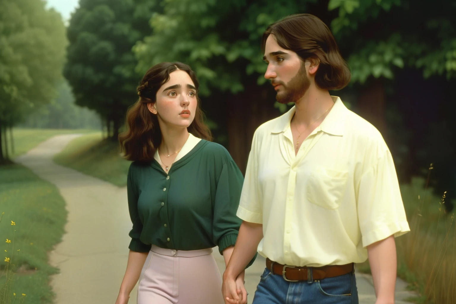 1995, Berkshire County, Massachusetts. Pre-raphaelite ((((43-year-old)) Jennifer Connelly)), with a man, on a romantic walk, talking, looking at each other, ((happiness)), ((((casual Clothing from the 1990s)))), ((short bob Hairstyle of the 1990s)), ((Wes Anderson cinematic style)), colorful