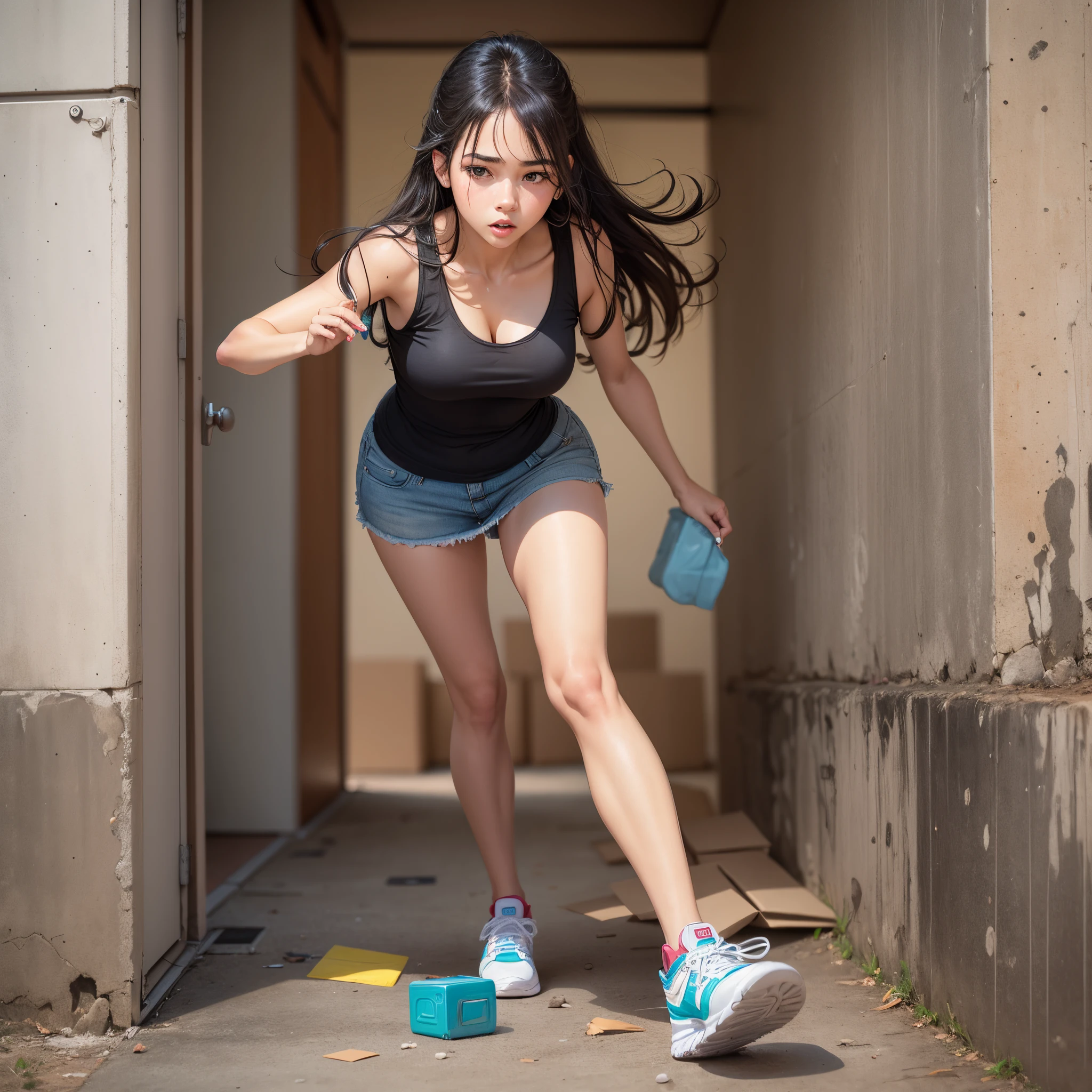 (8k, RAW photos, best image quality, masterpieces, : 1.2), (realistic, photorealistic: 1.37), 17-year-old Japan girl with a sad face of homeless, sad expression of despair, depressed, on all fours, poor, dirty room littered with garbage, torn and dirty tattered dirty clothes, exposed plain clothes, torn fabric, collarbone, no bra, cotton panties, panties on the legs, Torn micropants, dirty hair, dirty face, dirty skin, wet skin, muddy skin, muddy feet, bare feet, small breasts, cleavage, unkempt hair, sweat, sweat drops, tan, close-up, from below, old kitchen, tile fragments, dark ruins, messy rooms, broken dolls, trash cans, top quality, ultra high resolution, physically based rendering, cinematic lighting, Complex and cinematic look, messy room, photorealistic, cowboy shot, dynamic angle